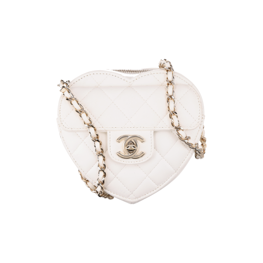 ITQOBNABPUUH CHANEL Mini Chain Heart Bag Lambskin White with Gold-Tone Hardware