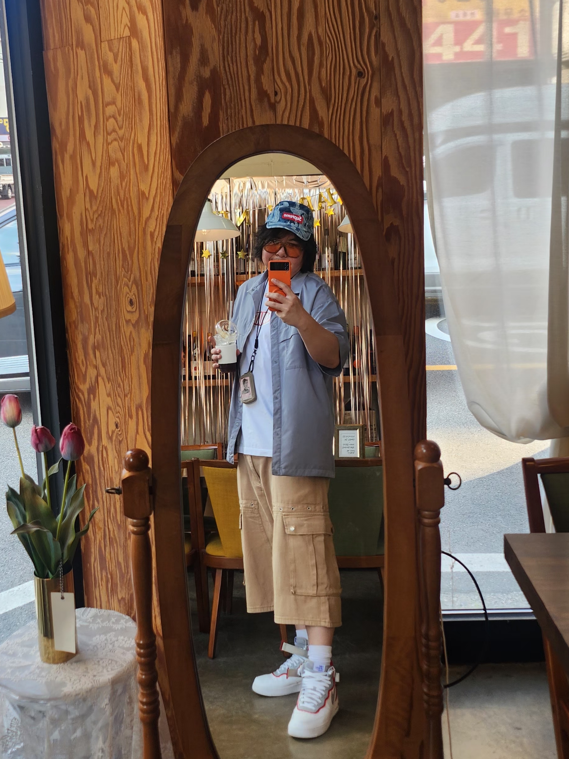 Supreme Flames Jacquard Denim Camp Cap Washed Indigo - 23SS, Human Made Military Card Case Beige 착용 스타일 - 4