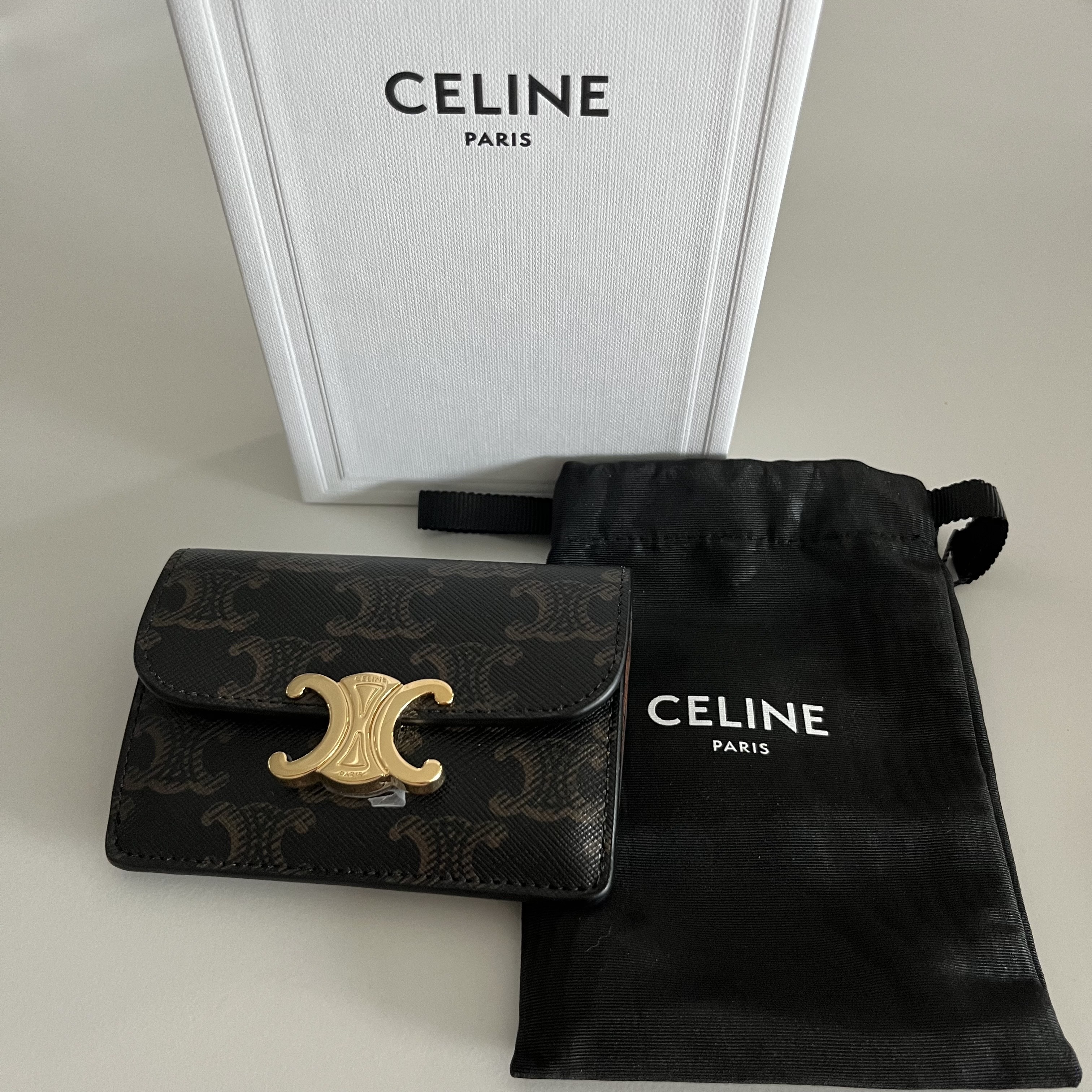 Celine Card Holder with Flap in Triomphe Canvas Tan 착용 스타일