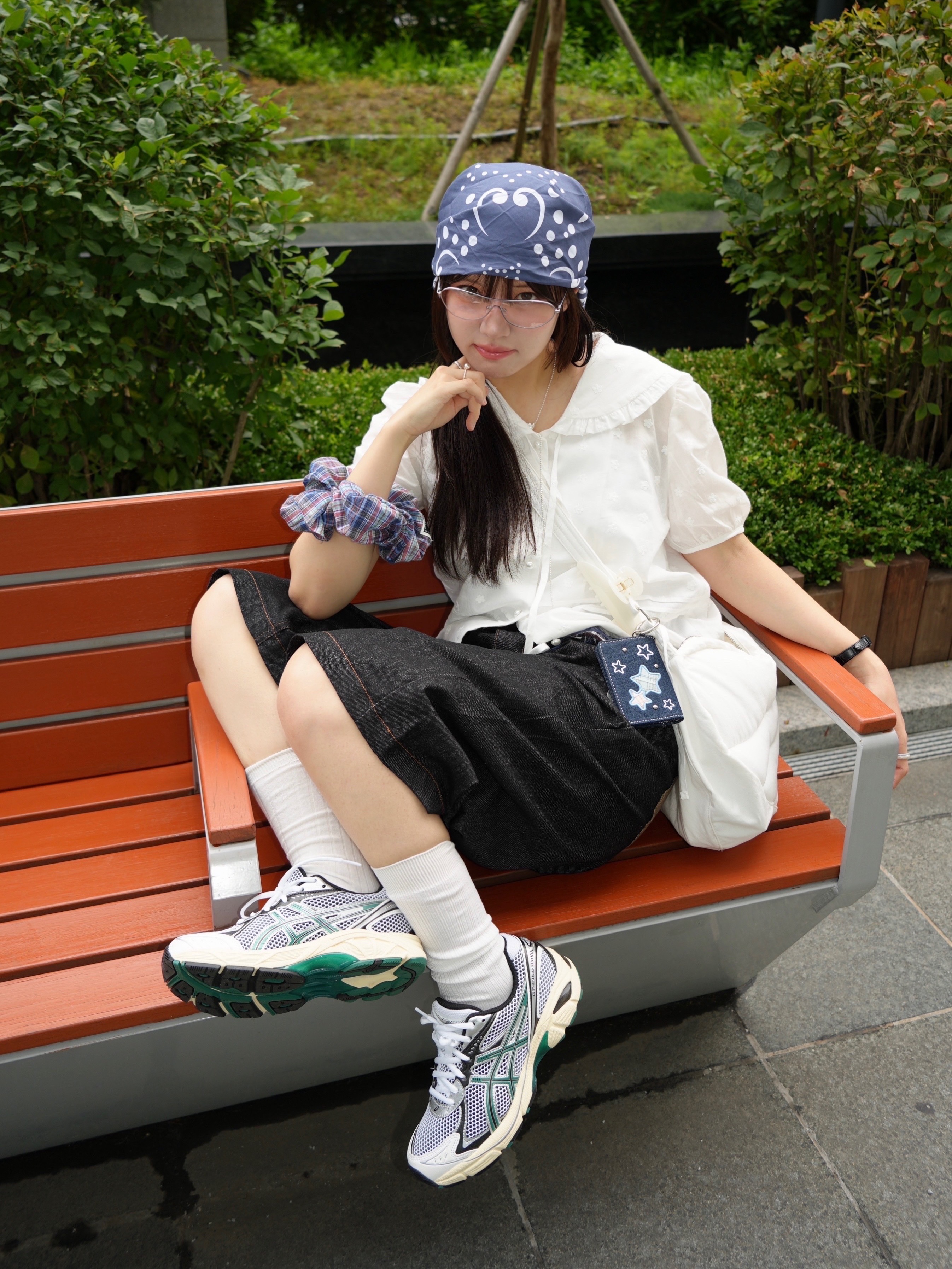 Asics GT-2160 White Jasper Green, CAVISH x LELBOBROWN Check Applique Denim Wallet Blue 착용 스타일 - 1