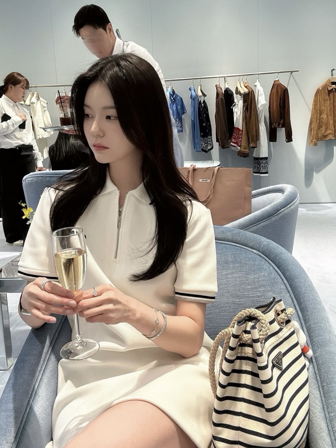 (W) Miu Miu Crochet Knit Ballerinas Ivory Blue, Prada Mariner Small Fabric Bucket Bag Ivory Blue 착용 스타일 - 1