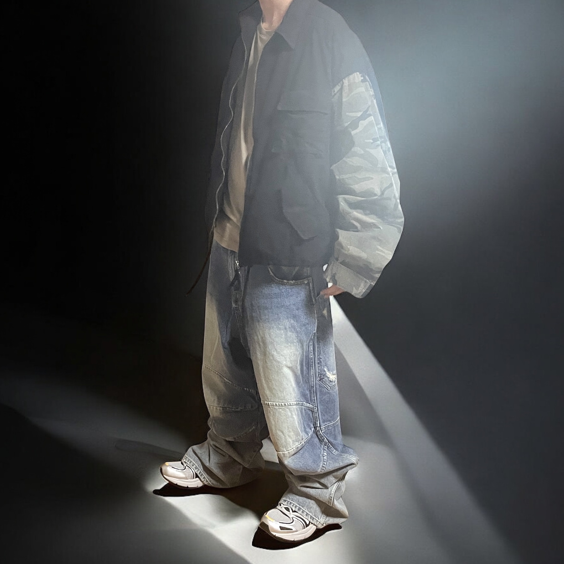 Undermycar Morph Oversized Crop Field Jacket Rock Ridge - 23SS, MJD 3D Knee Denim Pants Blue 착용 스타일