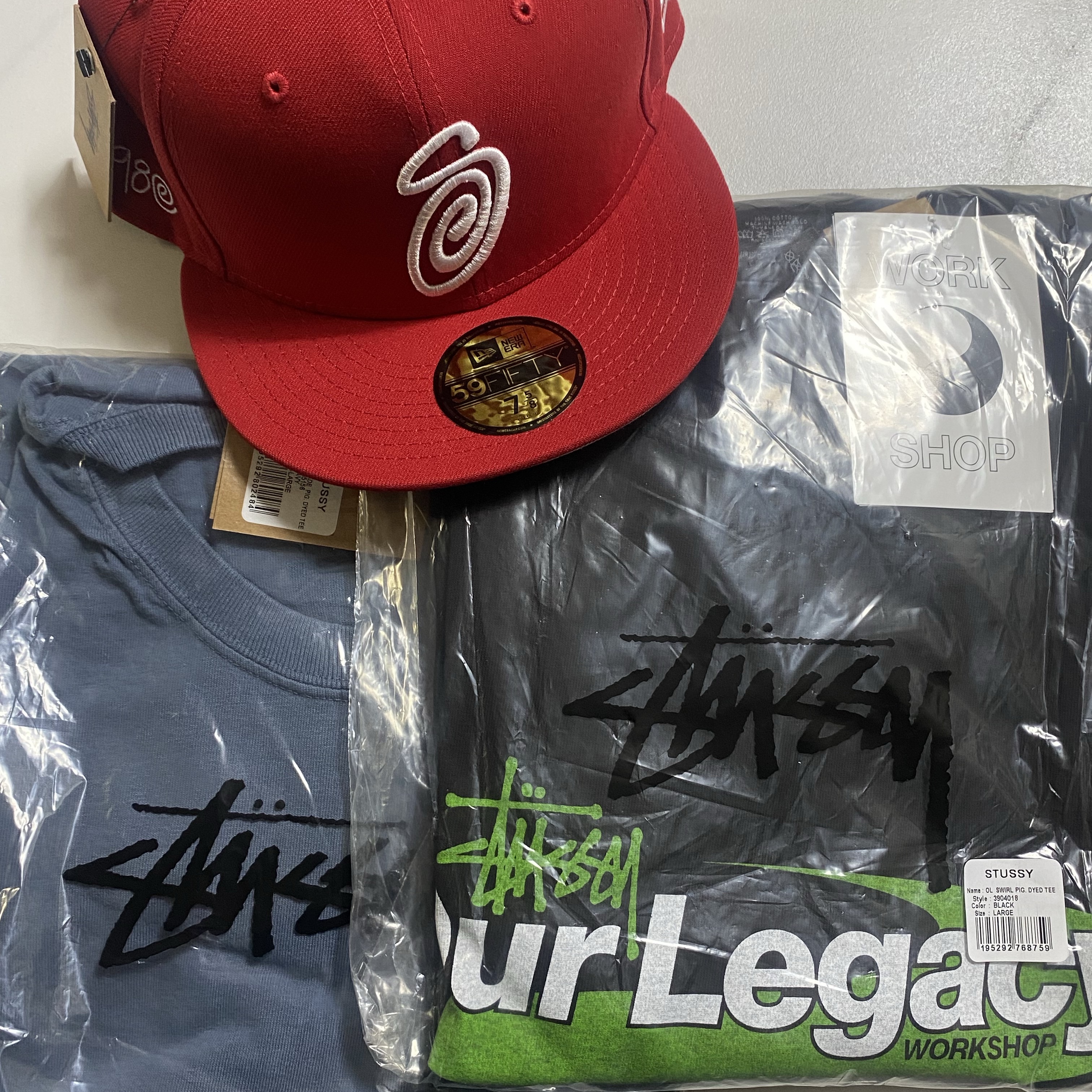 Stussy x Our Legacy Work Shop Swirl Pigment Dyed T-Shirt Black, Stussy Spade Pigment Dyed T-Shirt Navy 착용 스타일