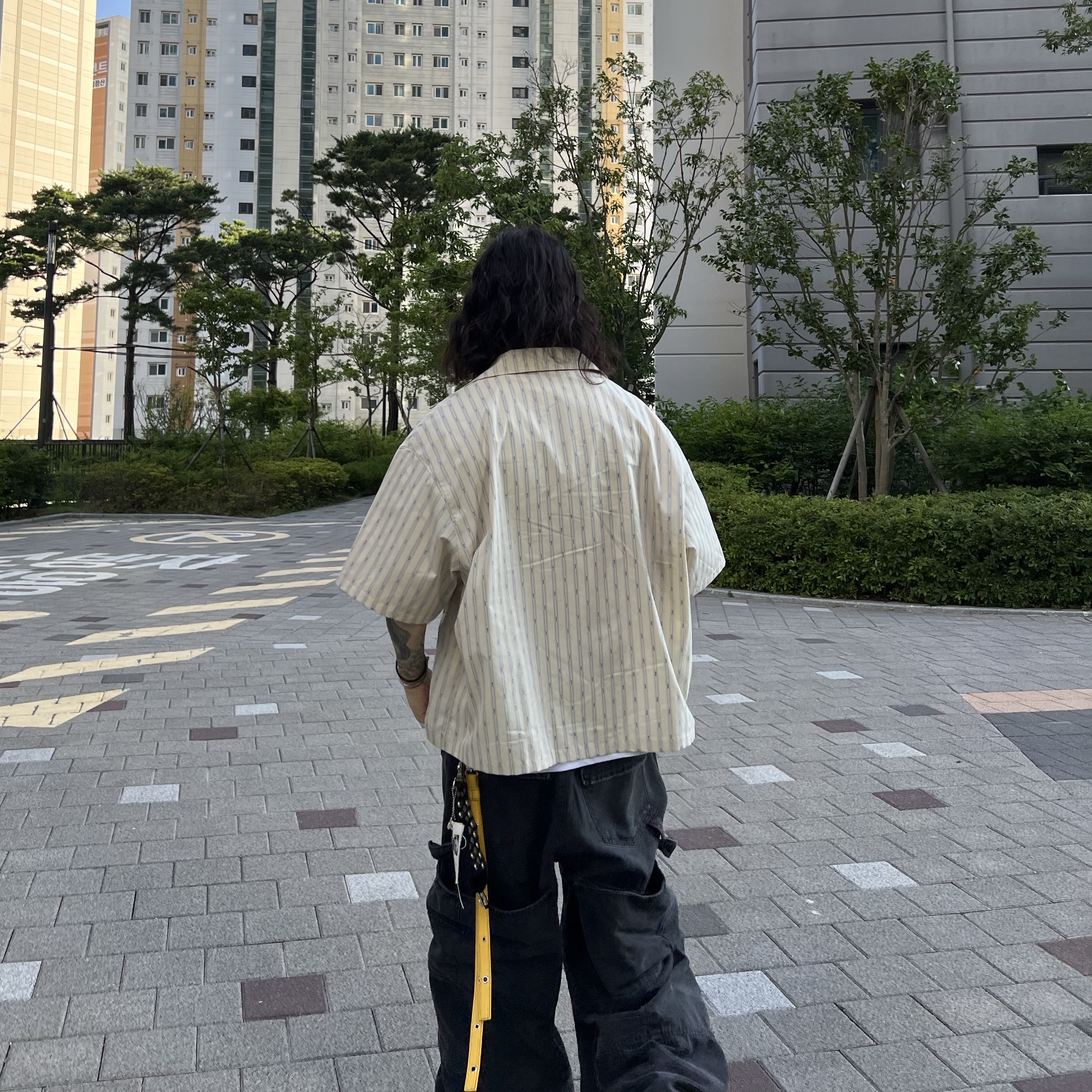 Nonnod Vacation Shirt Yellow Stipe, Nonnod Double knee cover pants Vintage black 착용 스타일 - 6