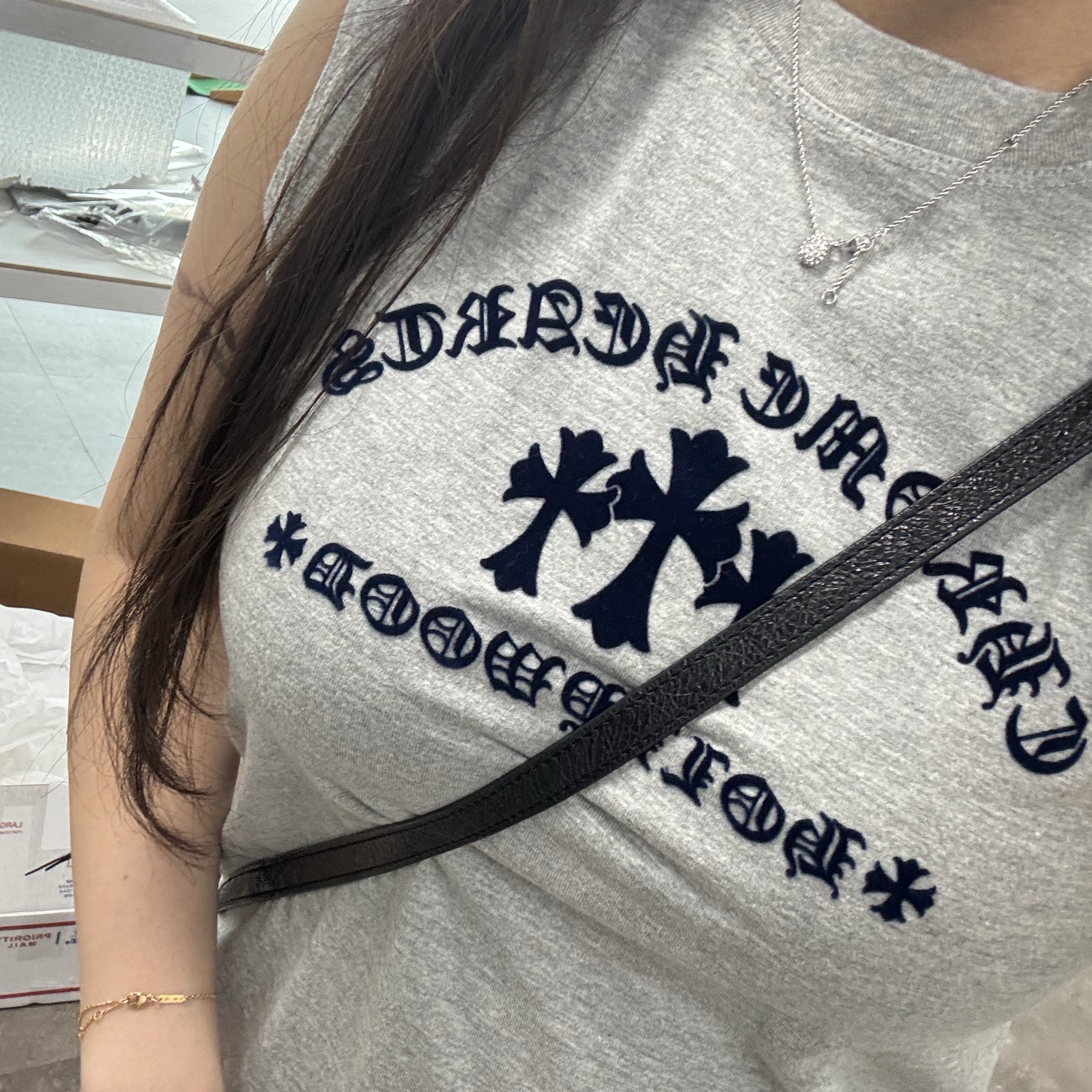 Chrome Hearts Triple Cross Hollywood Tank Top Black, (W) Chrome Hearts Triple Cross Sweatpants Black 착용 스타일 - 2