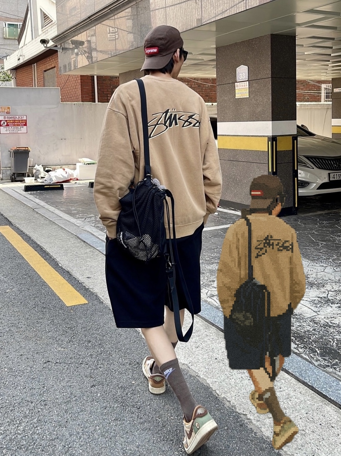Jordan 1 x Zion Williamson Retro Low OG Flax and Oil Green, Supreme Mesh Small Backpack Black - 23SS 착용 스타일 - 1