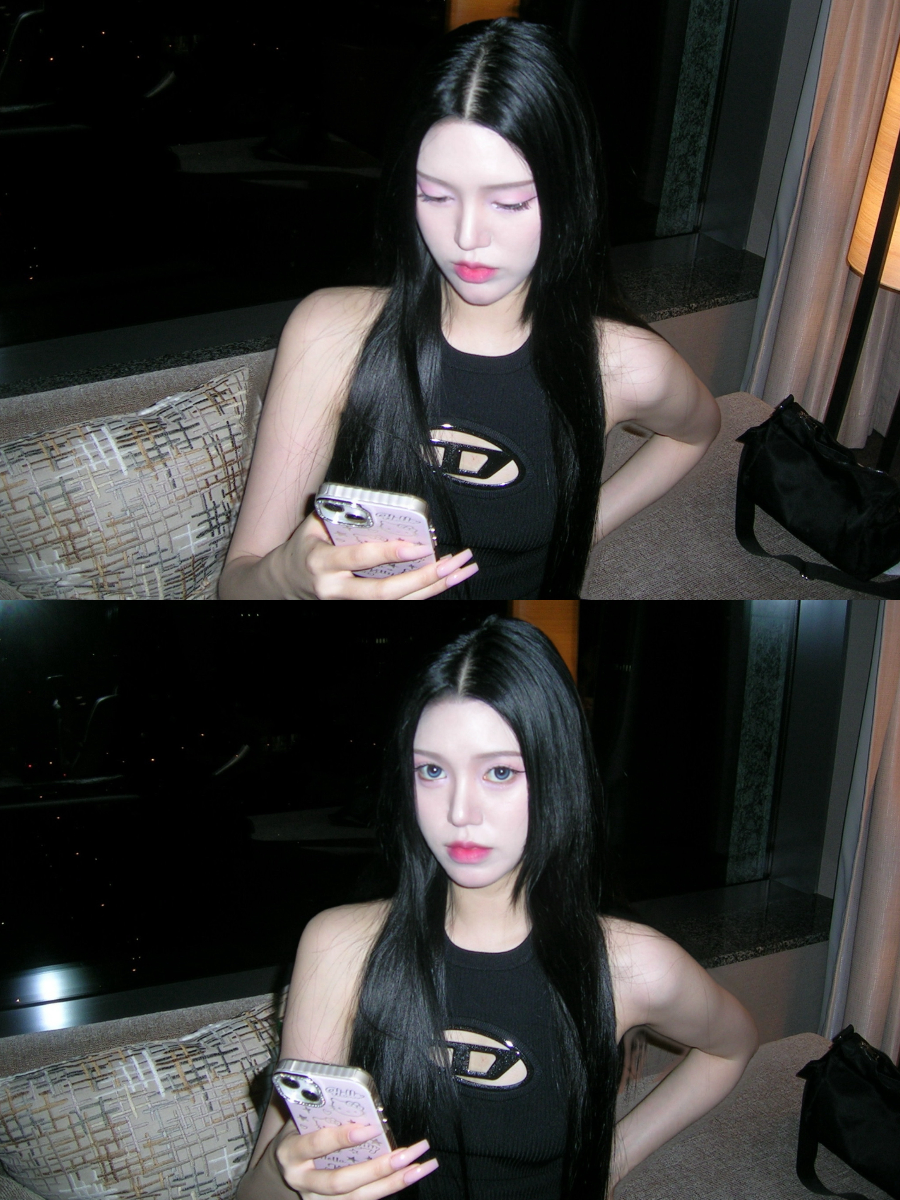 (W) Diesel M-Onerva-Top Cut-Out Knit Top with Logo Plaque Black Black 착용 스타일