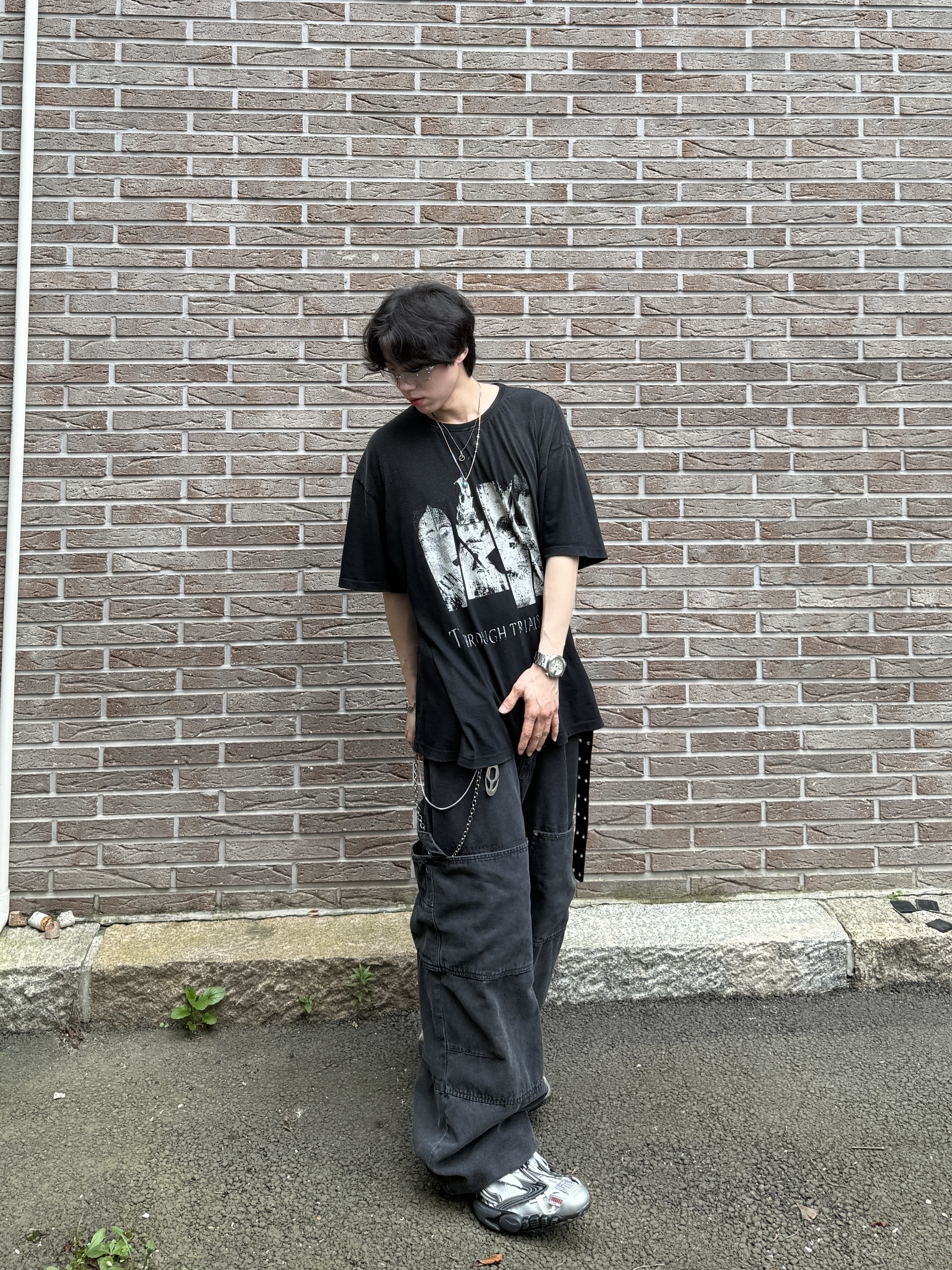 Nonnod Double knee cover pants Vintage black, Balenciaga Reptile Sneaker Multicolor 착용 스타일 - 9