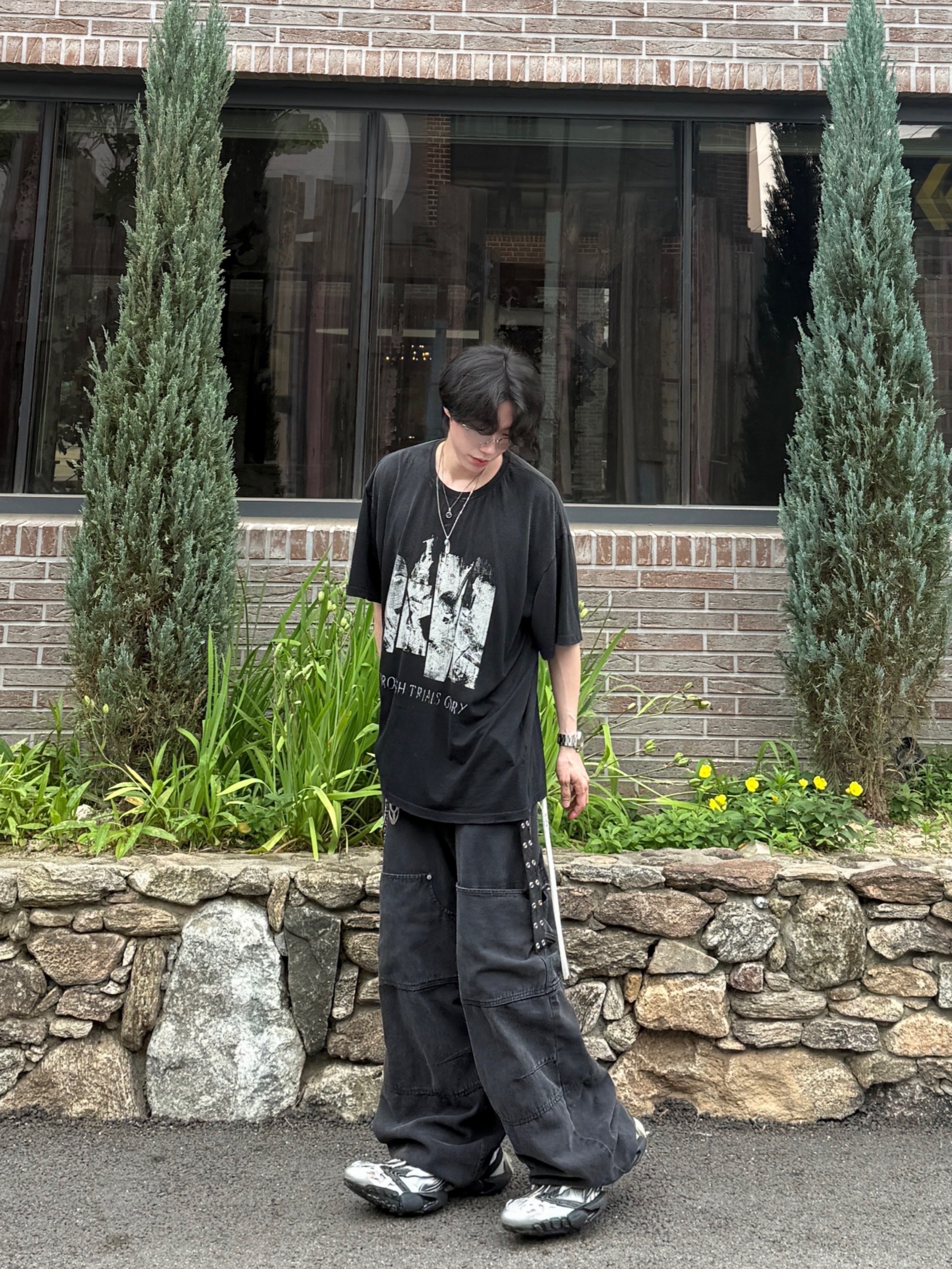 Nonnod Double knee cover pants Vintage black, Balenciaga Reptile Sneaker Multicolor 착용 스타일 - 6