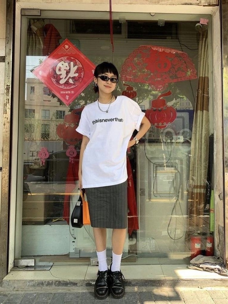 (W) Gucci GG Print Silk Duchesse Skirt Black, Dr. Martens x Mademe 1461 Quad Vintage Smooth Black 착용 스타일