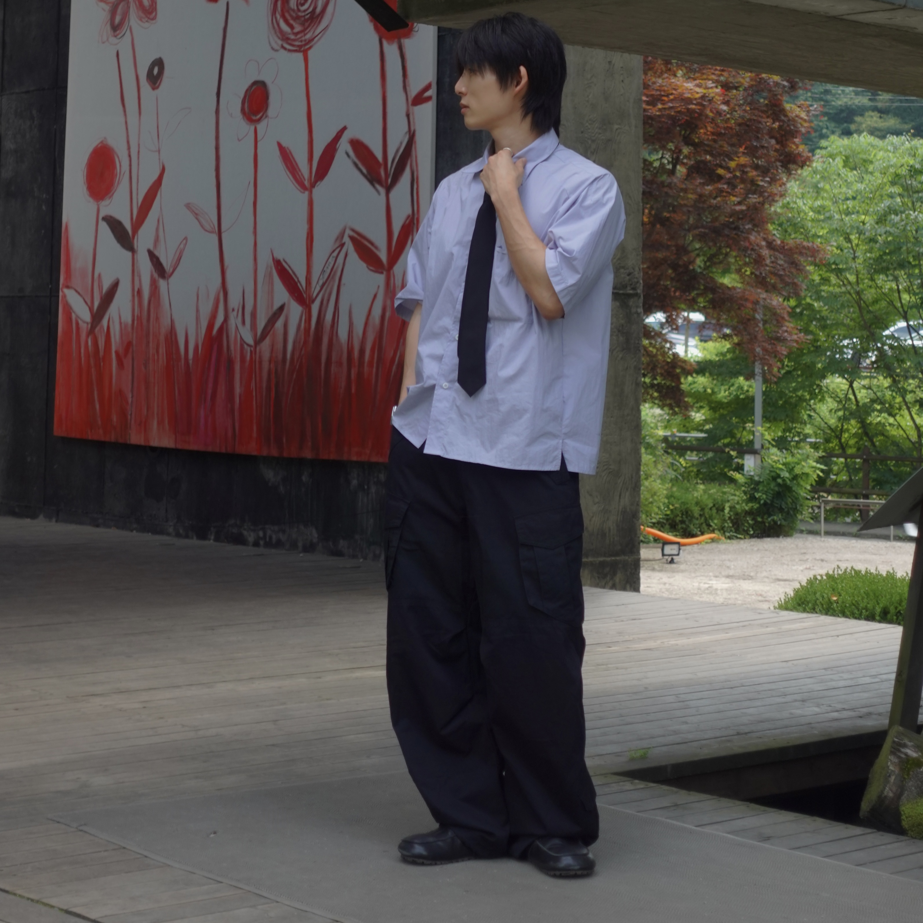 Flavorism VTG Washed Cargo Pants Black 착용 스타일 - 1