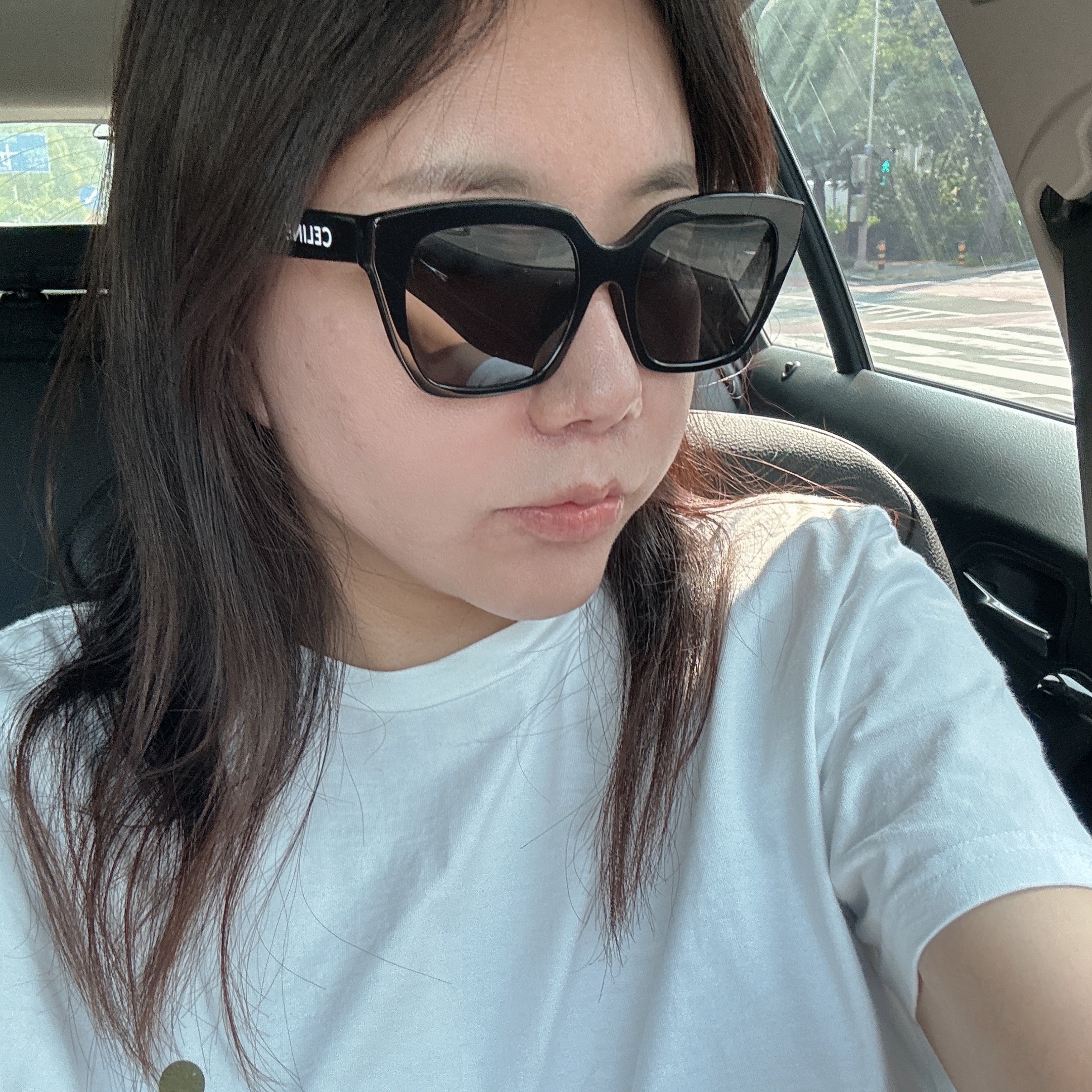 (W) Celine Monochroms 03 Sunglasses in Acetate Black 착용 스타일 - 1