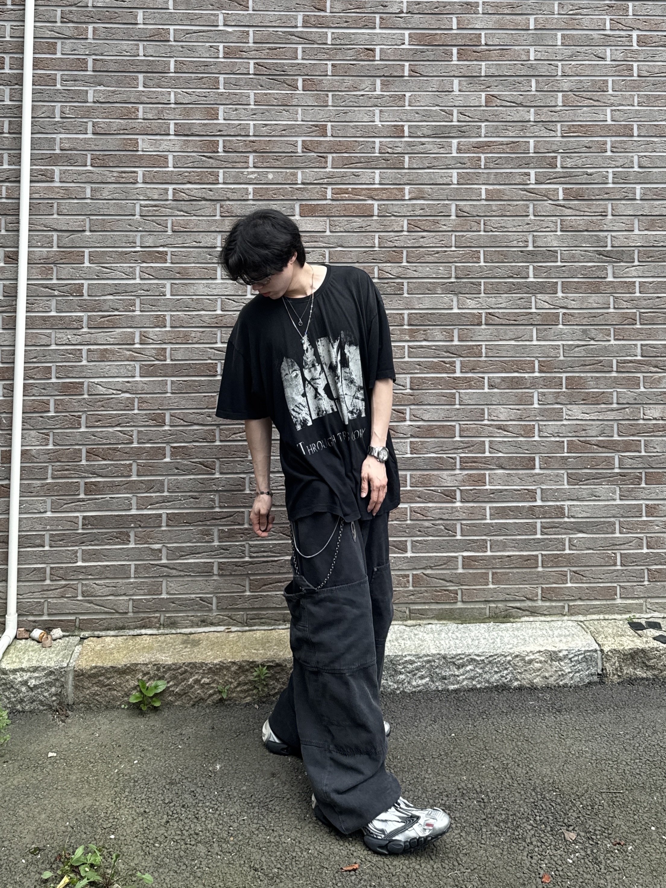 Nonnod Double knee cover pants Vintage black, Balenciaga Reptile Sneaker Multicolor 착용 스타일 - 5