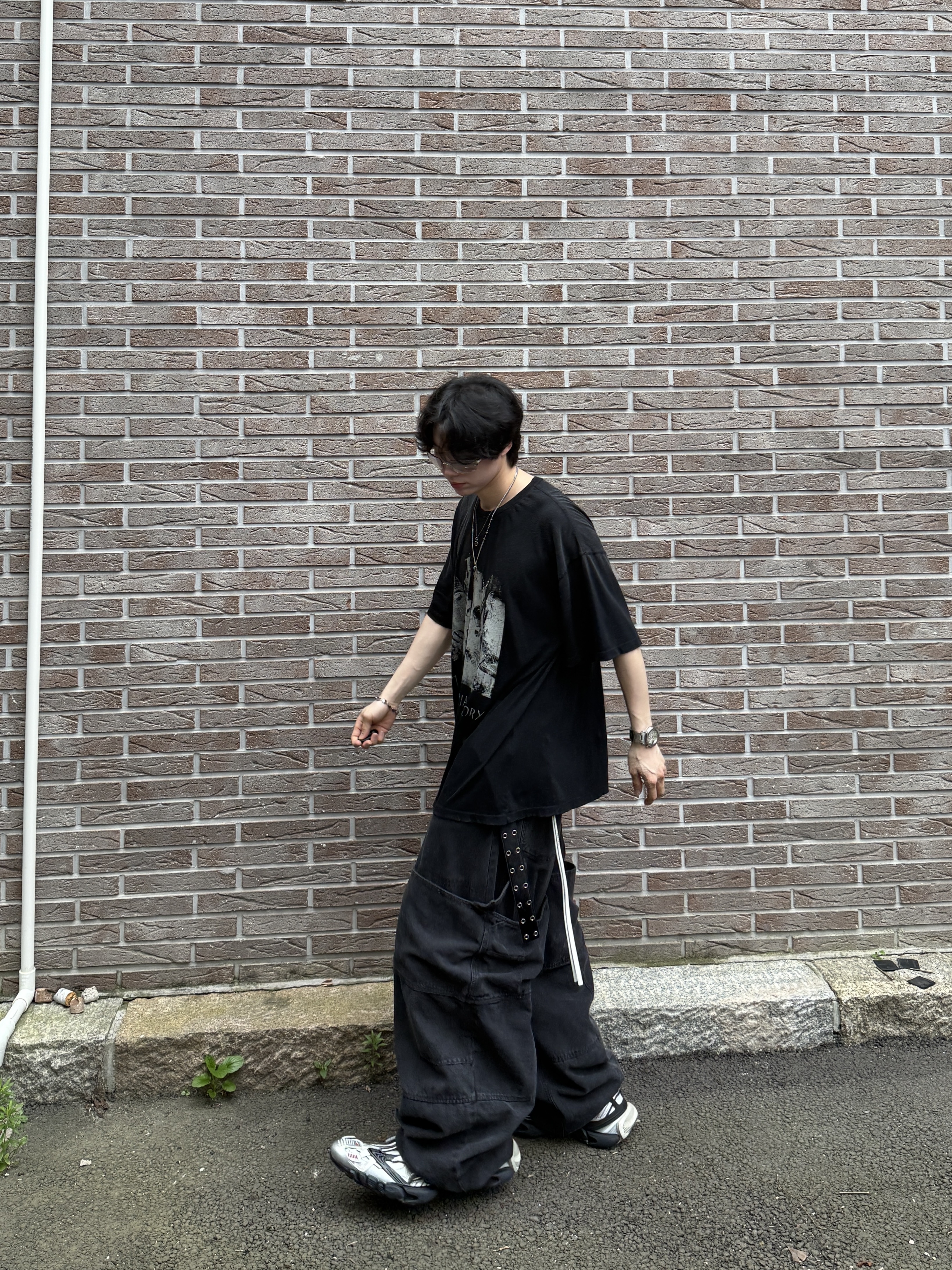 Nonnod Double knee cover pants Vintage black, Balenciaga Reptile Sneaker Multicolor 착용 스타일 - 7