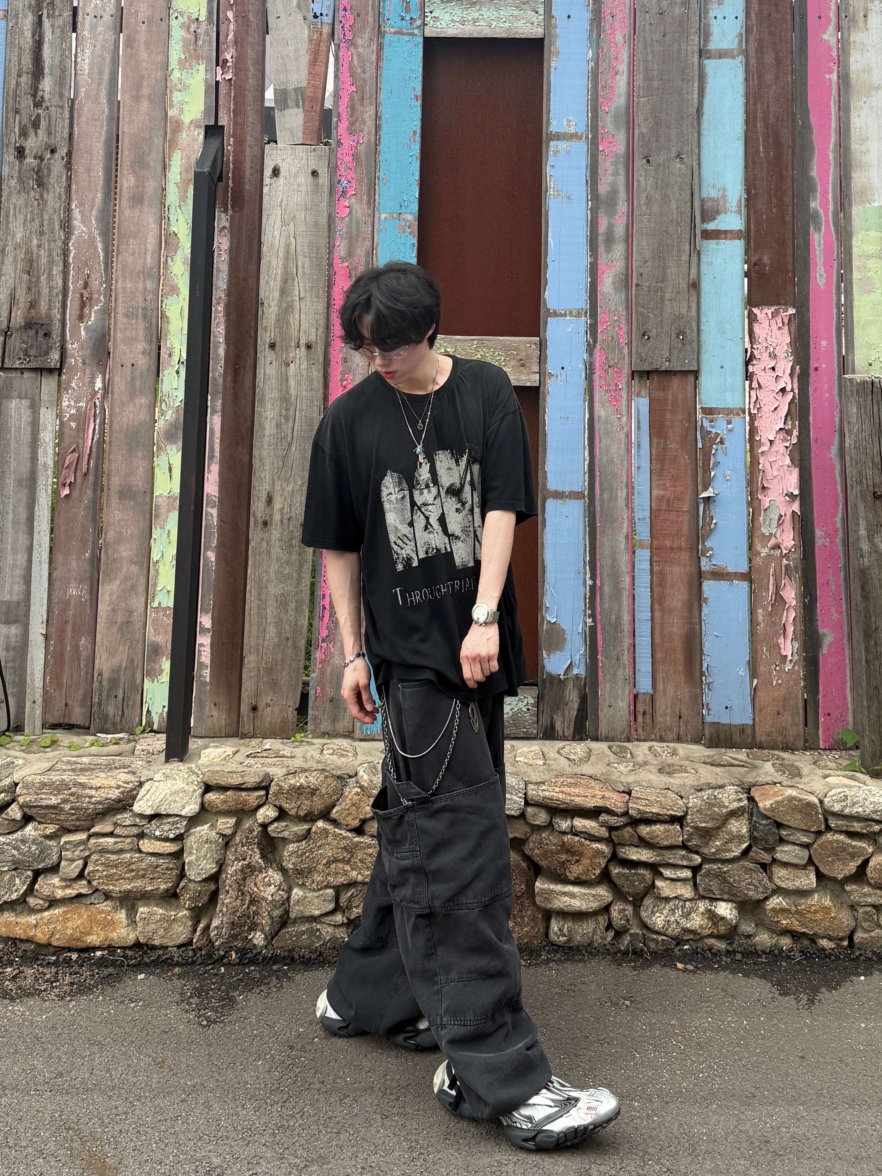 Nonnod Double knee cover pants Vintage black, Balenciaga Reptile Sneaker Multicolor 착용 스타일 - 1
