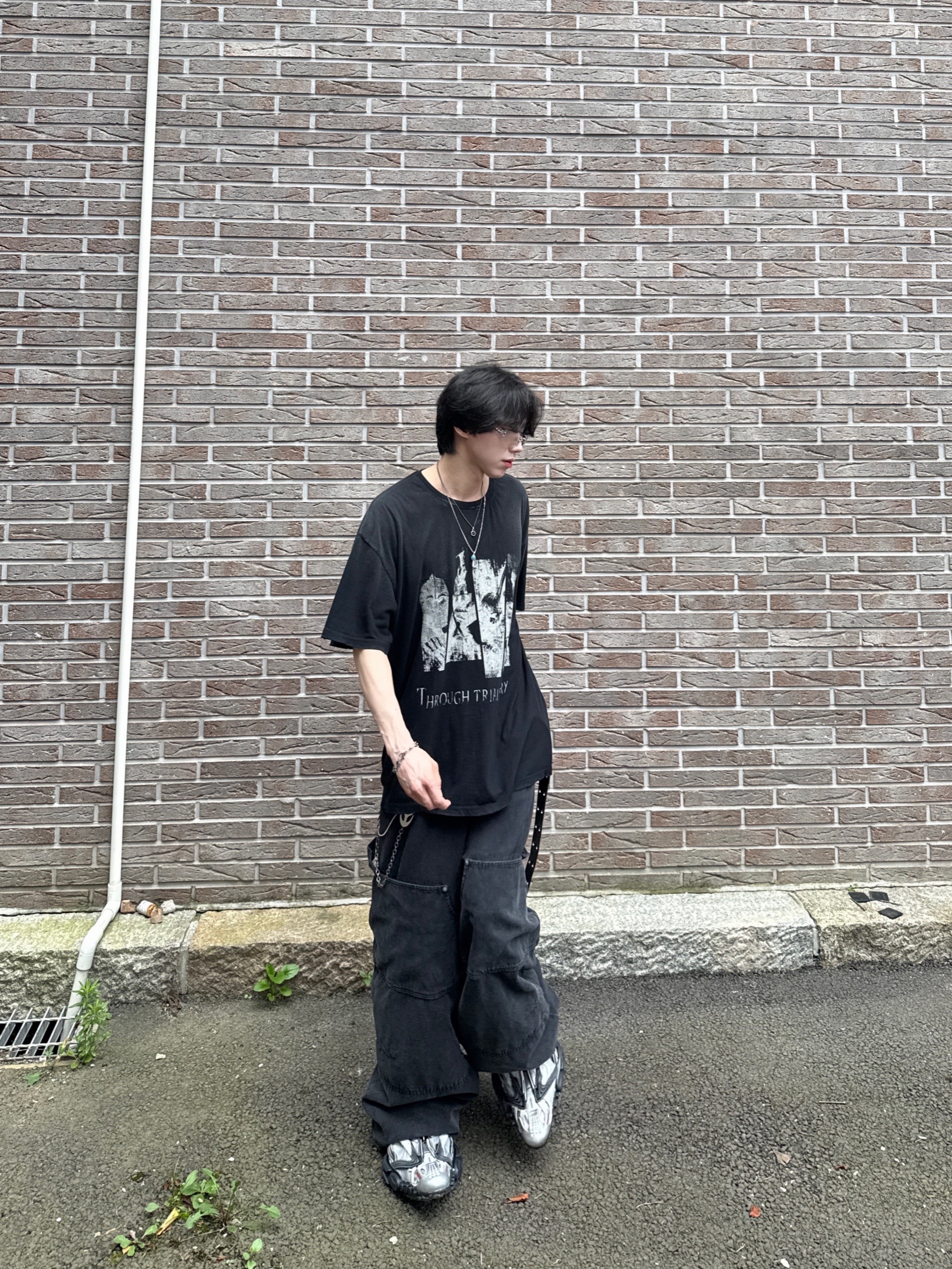 Nonnod Double knee cover pants Vintage black, Balenciaga Reptile Sneaker Multicolor 착용 스타일 - 3