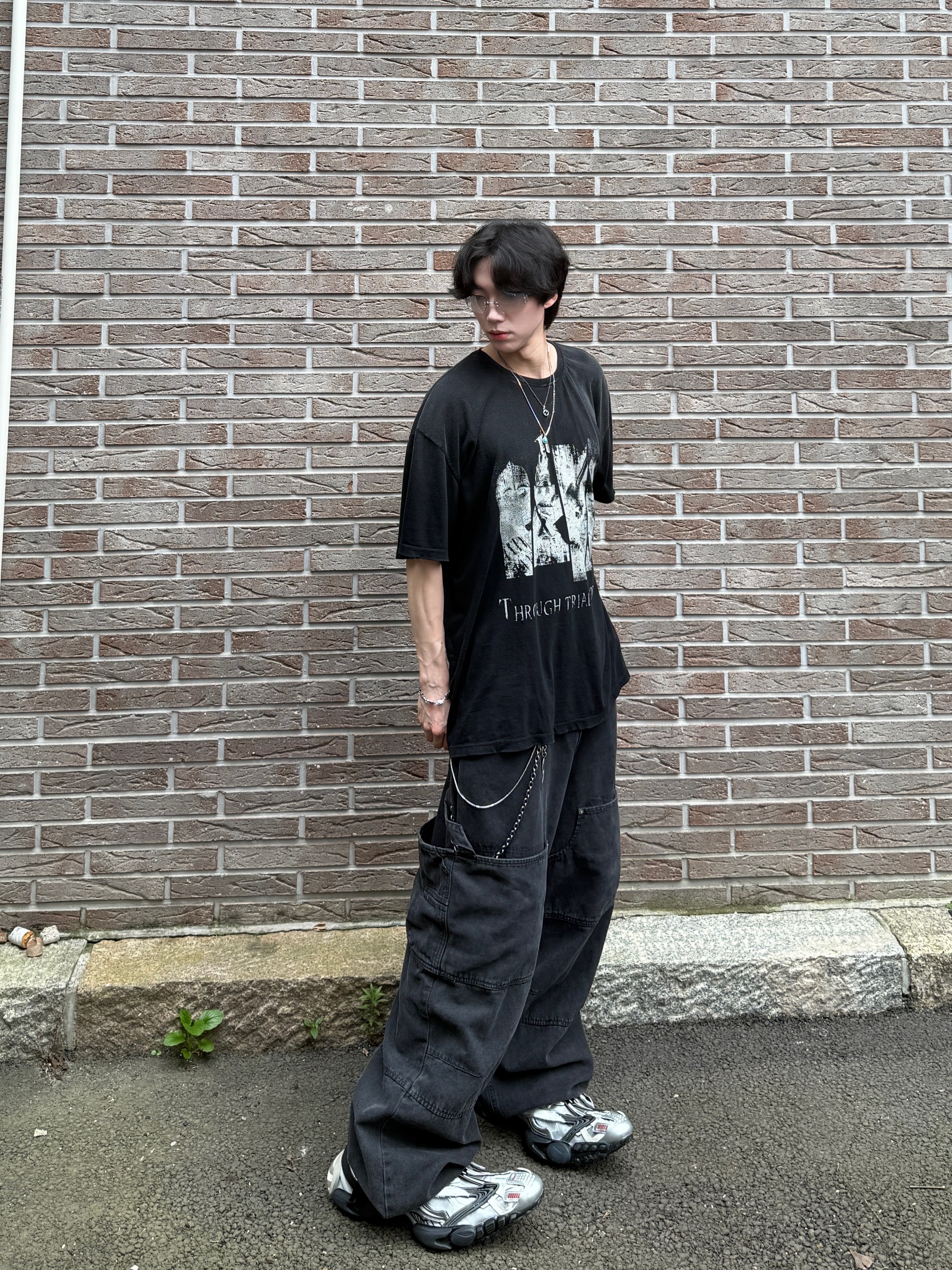 Nonnod Double knee cover pants Vintage black, Balenciaga Reptile Sneaker Multicolor 착용 스타일 - 4