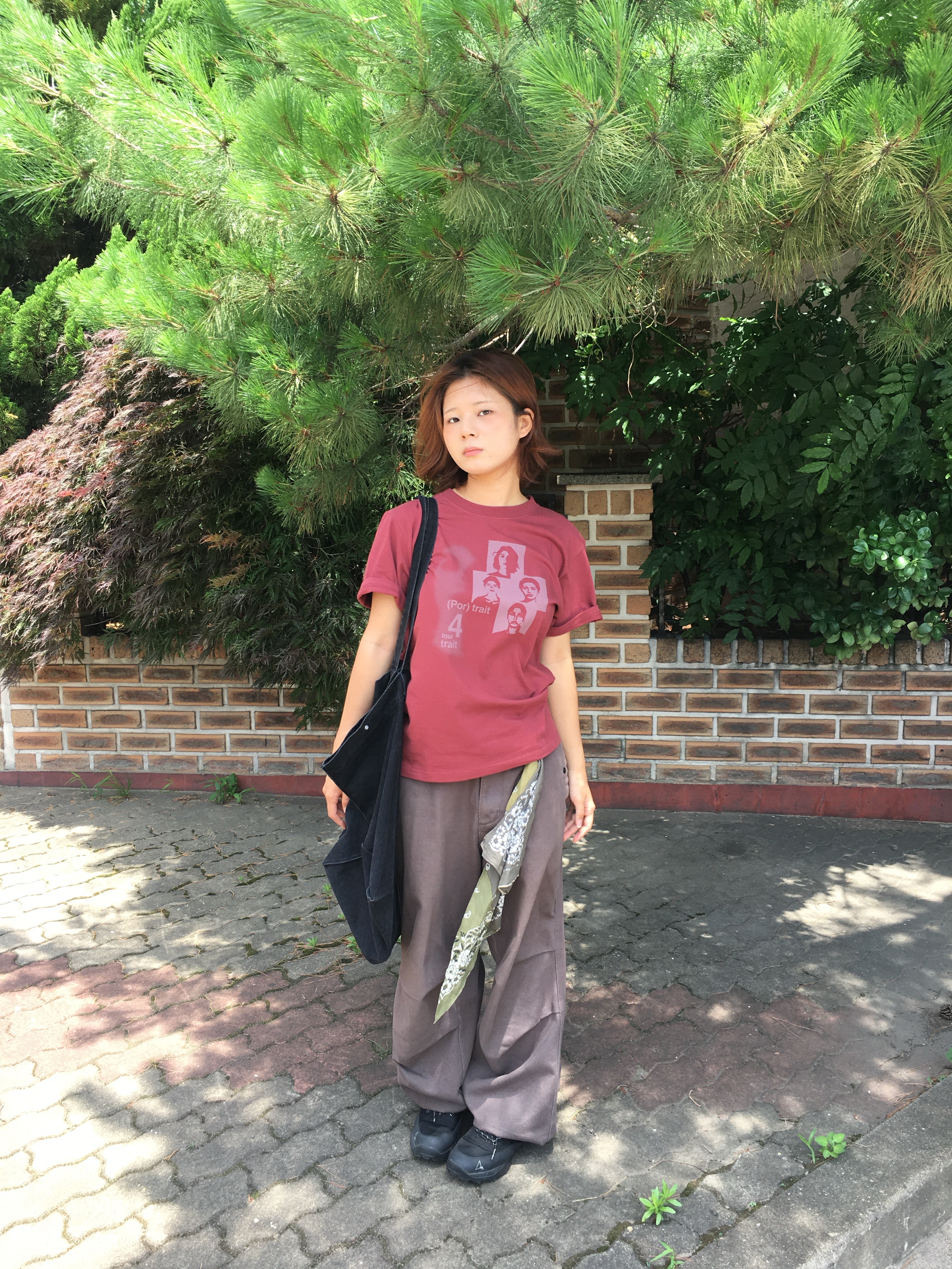 Kapital Fastcolor Selvedge Bandana Garden Patchwork Khaki, Hatchingroom Snow Jeans Washed Brown 착용 스타일