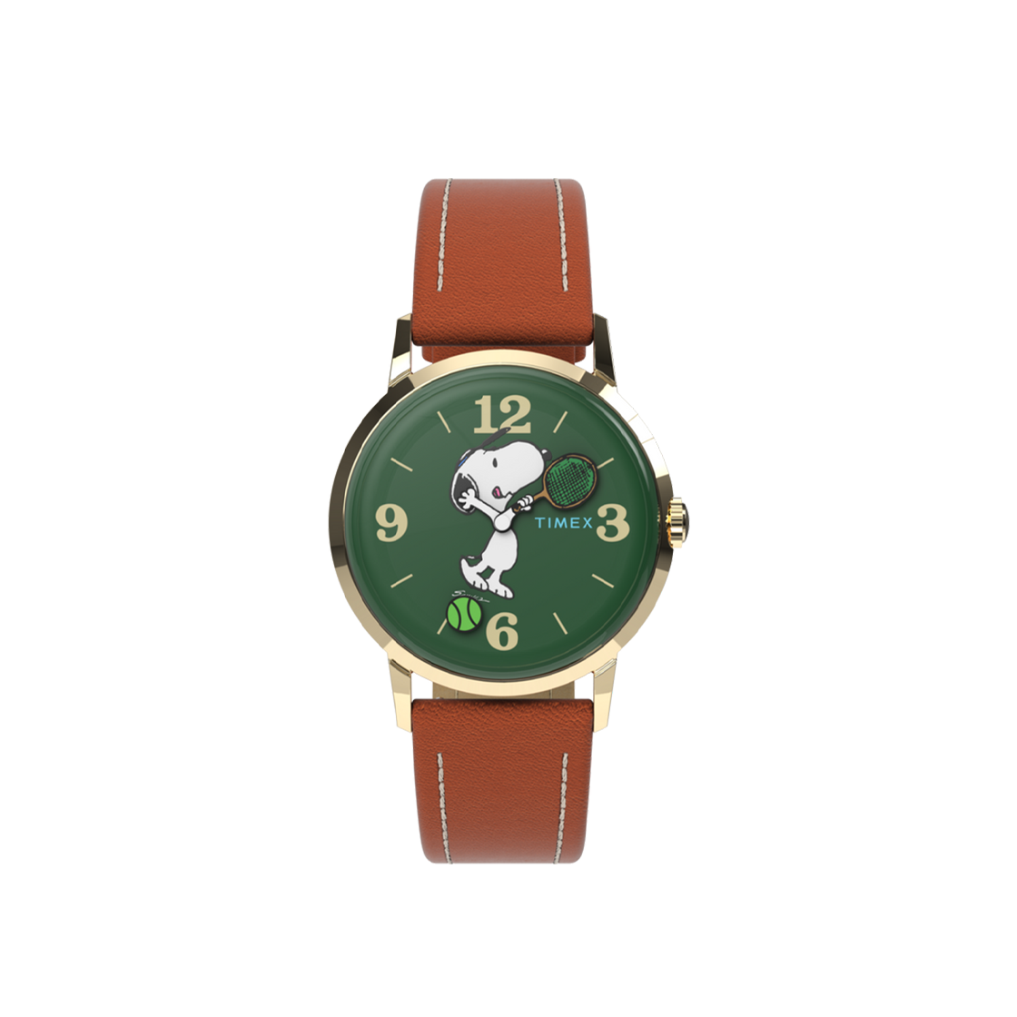 타이맥스 멀린 핸드 와인드 x 피너츠 스누피 테니스 34mm 레더 스트랩 워치 브라운 골드톤(Timex Marlin Hand-Wound x Peanuts Snoopy Tennis 34mm Leather Strap Watch Brown Gold Tone)