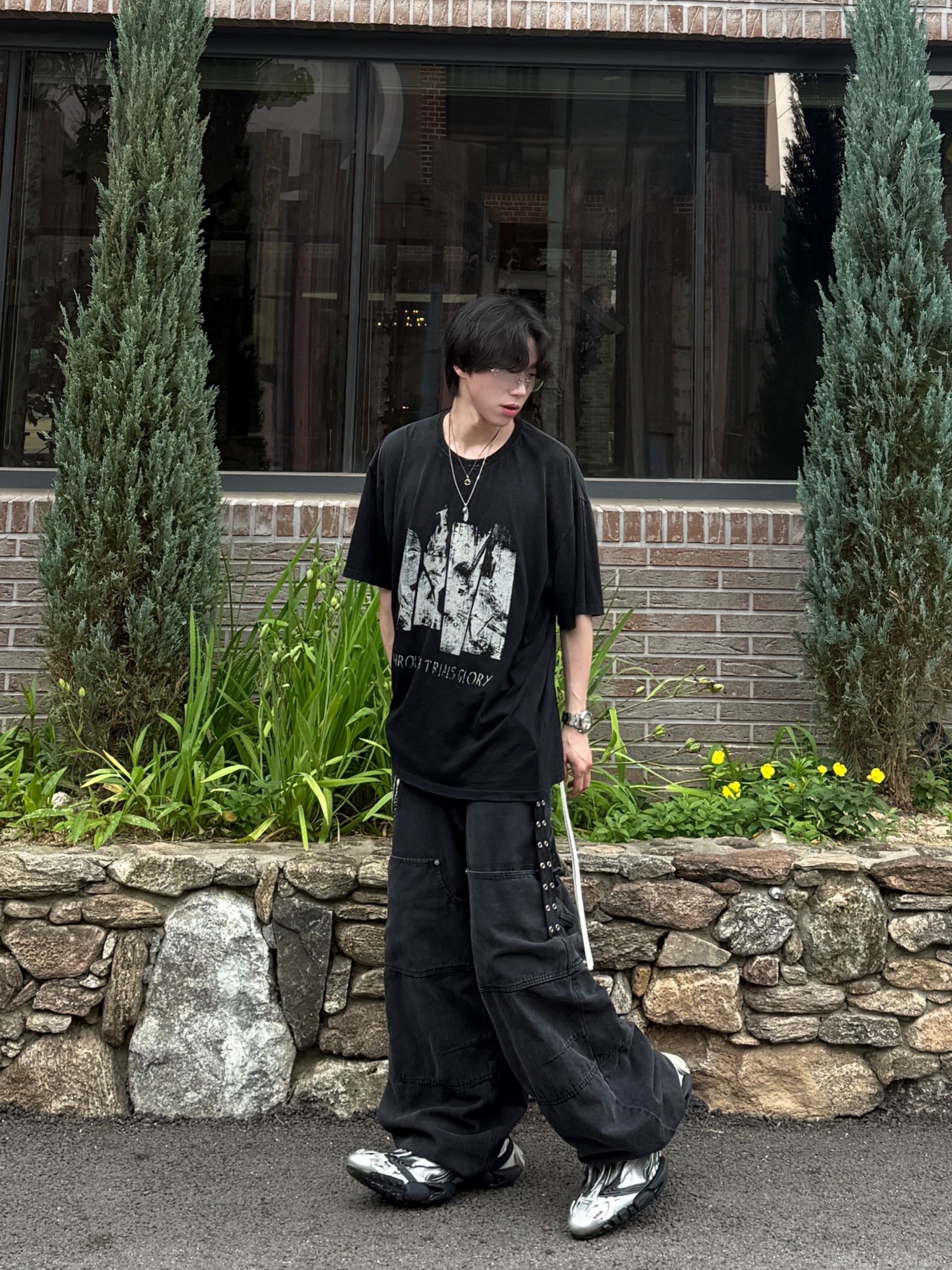 Nonnod Double knee cover pants Vintage black, Balenciaga Reptile Sneaker Multicolor 착용 스타일 - 8
