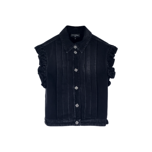 ITGGKFWFPPP2 Chanel 24A Metiers d'Art Frill Denim Vest 42 Black