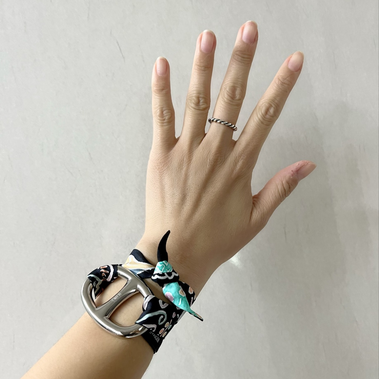 Hermes Chaine d'Ancre Scarf 90 Ring Palladium, (W) Hermes Isola Di Primavera Doll Twilly Noir Vert Rose 착용 스타일