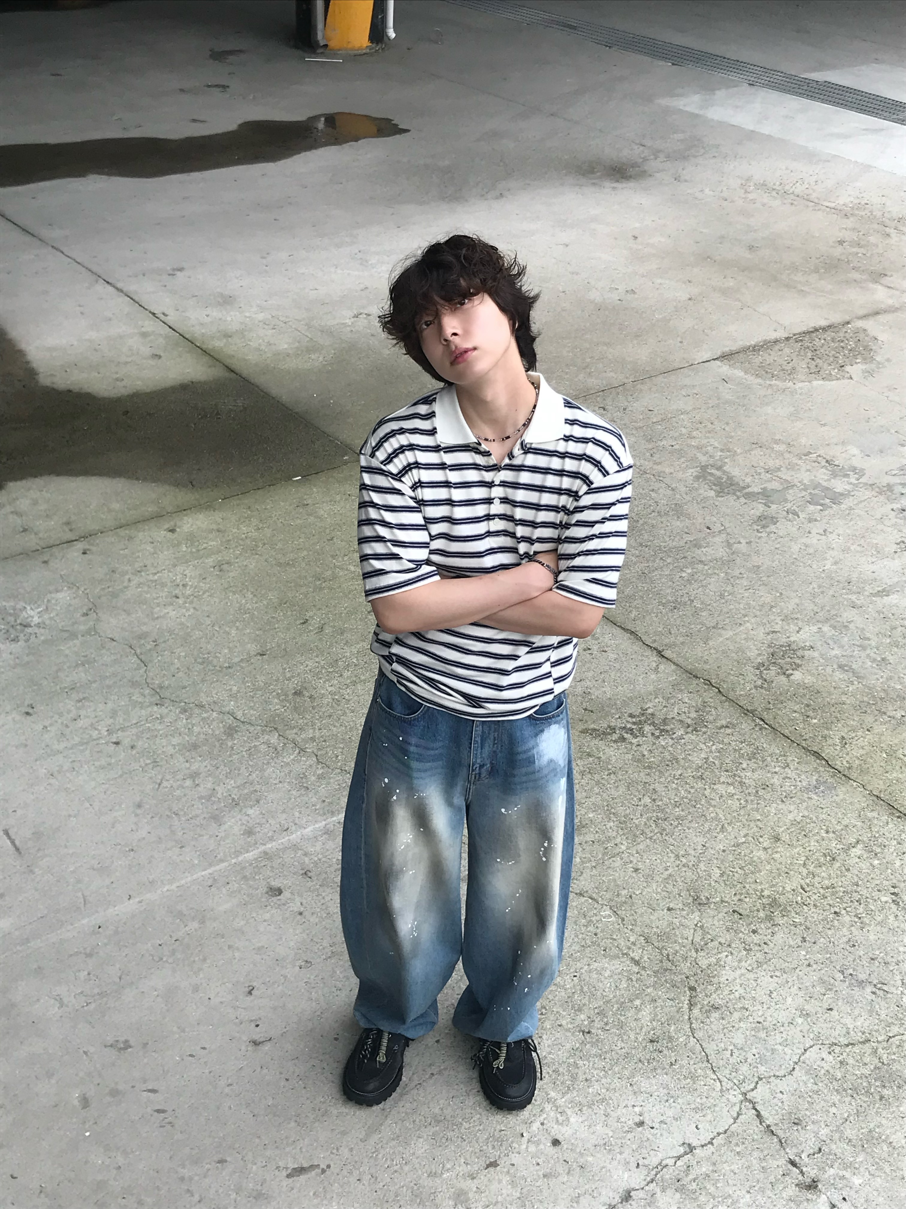 noun Wide Curved Denim Pants Painting Blue 착용 스타일 - 2