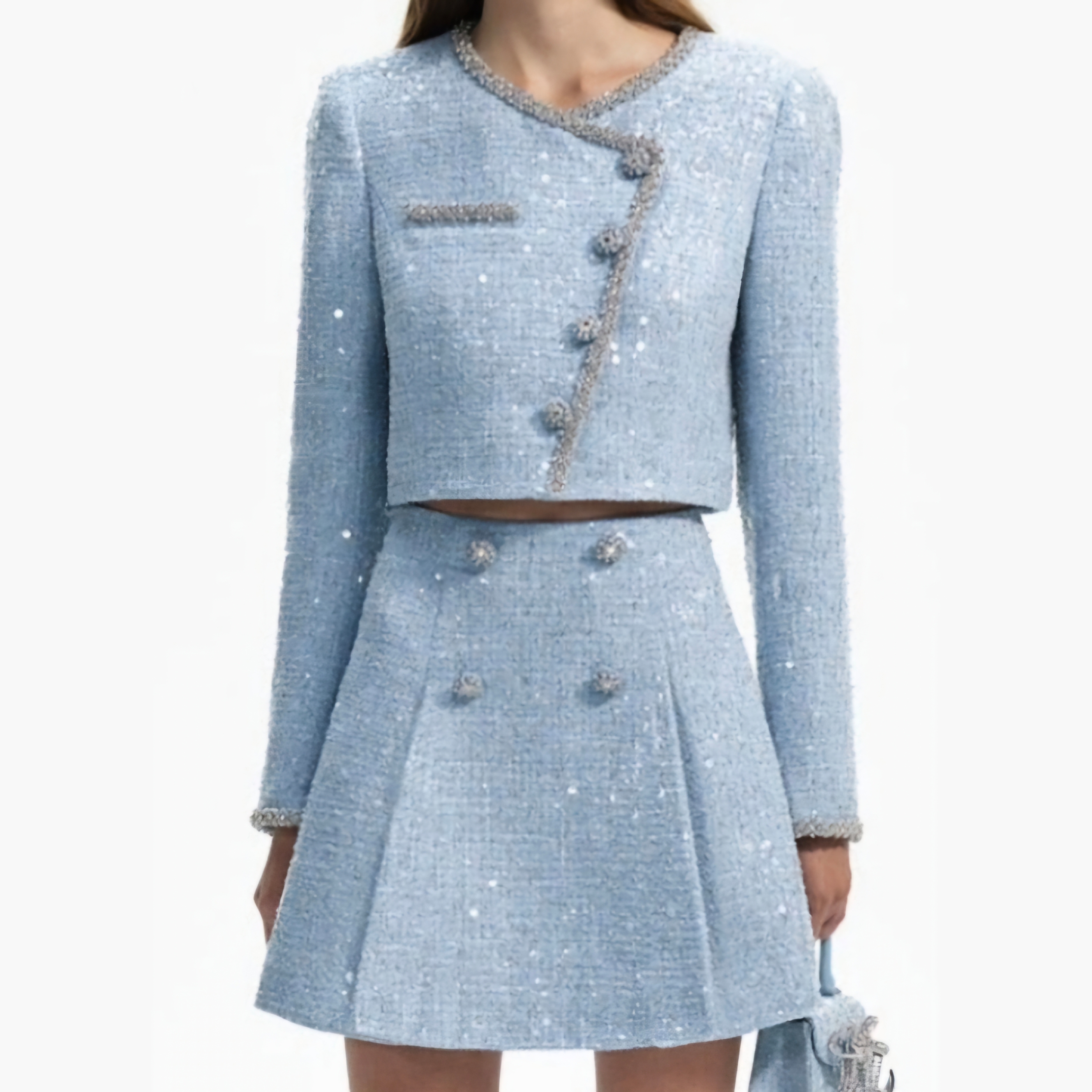 (W) Self Portrait Sequin Boucle Cropped Jacket Blue 착용 스타일 - 2