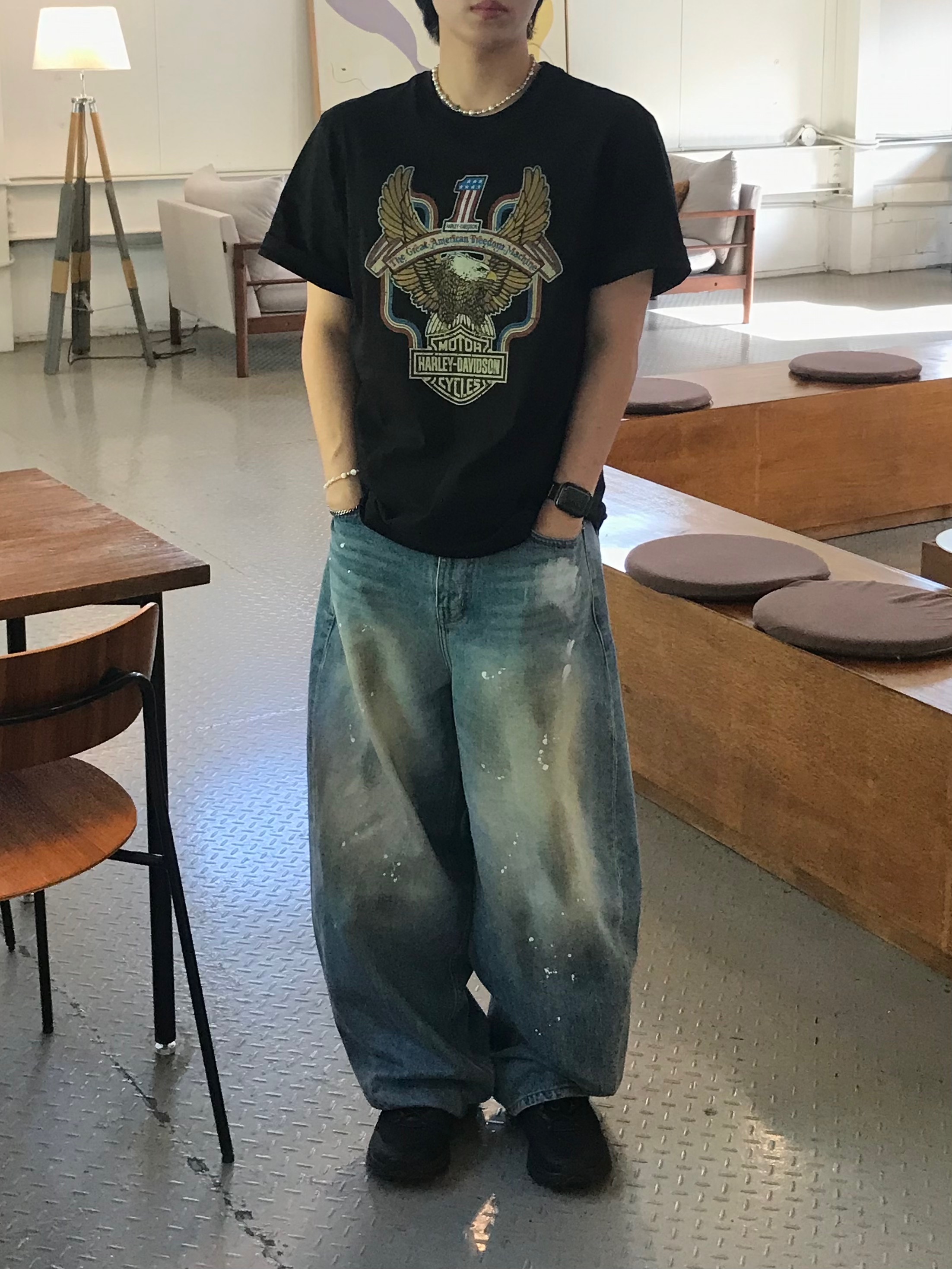 noun Wide Curved Denim Pants Painting Blue 착용 스타일 - 3