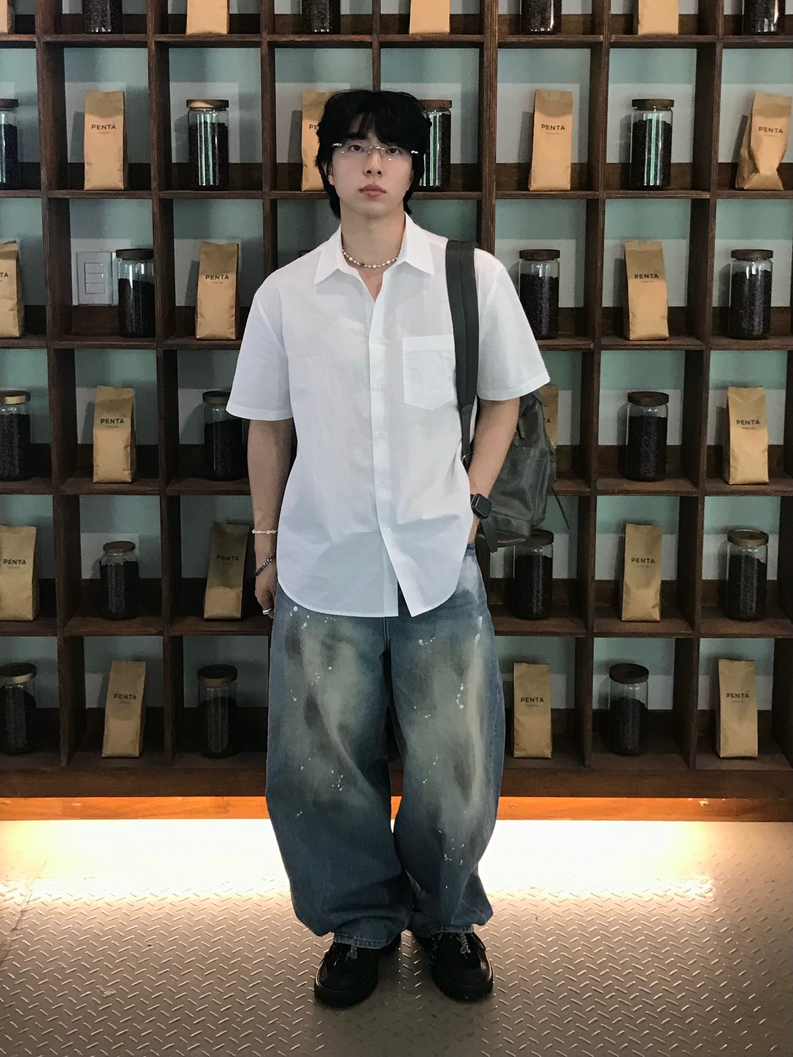 noun Wide Curved Denim Pants Painting Blue 착용 스타일 - 3