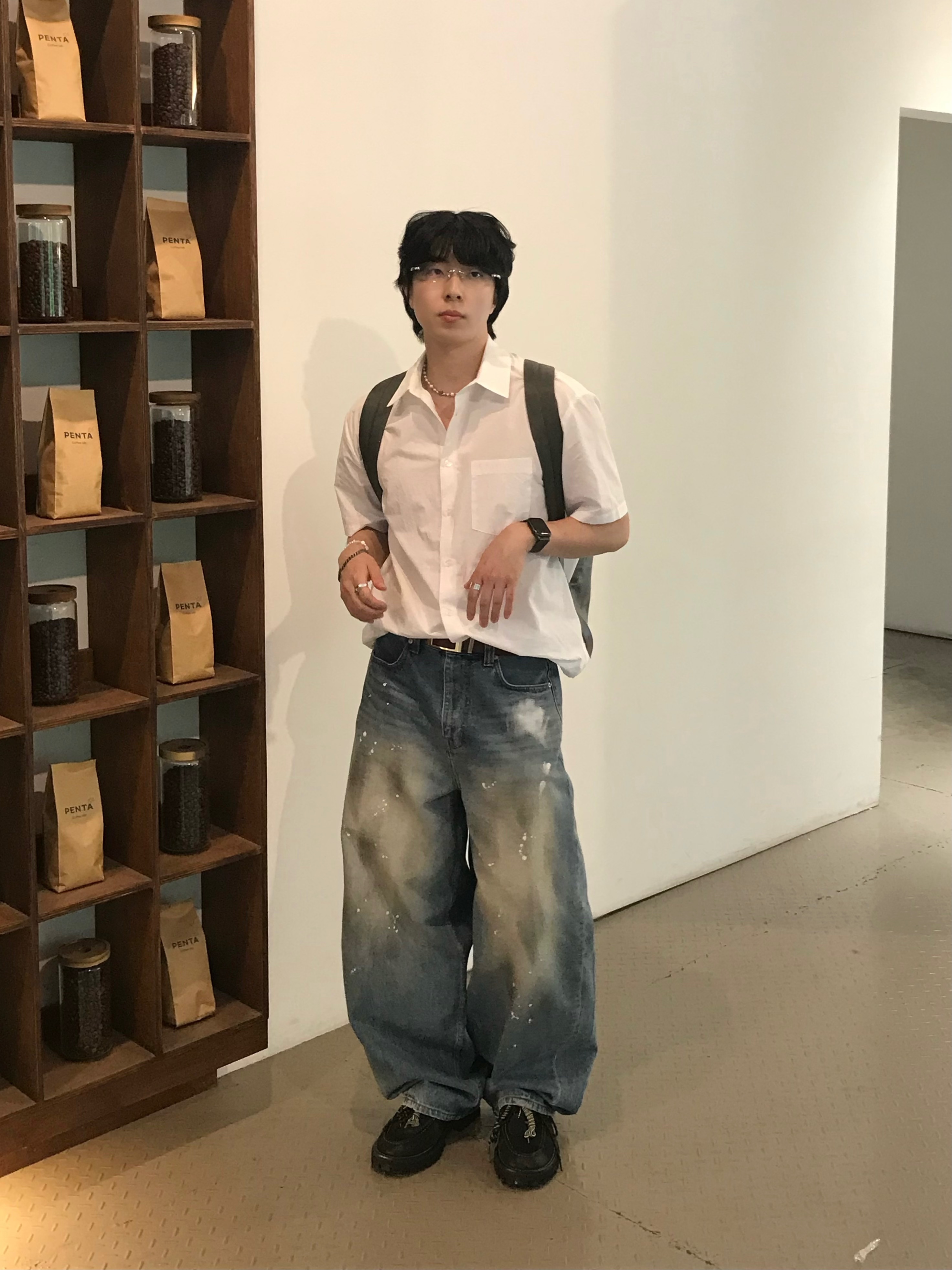 noun Wide Curved Denim Pants Painting Blue 착용 스타일 - 1