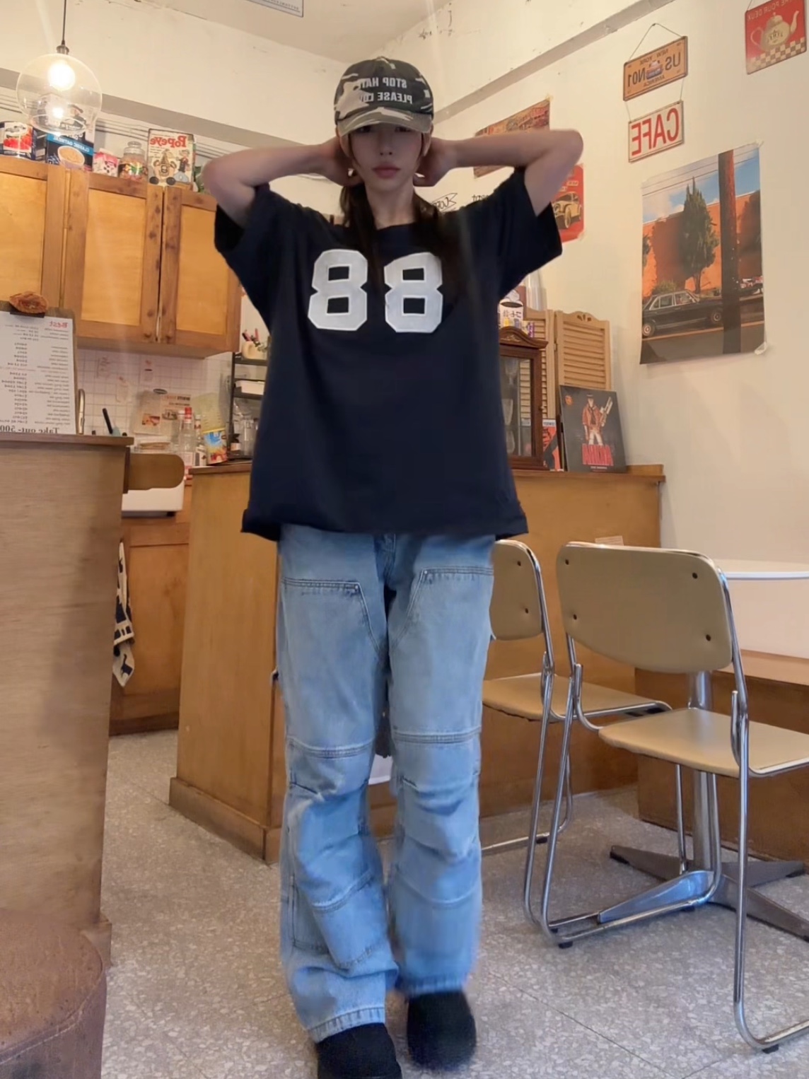 LOSTGARDEN Route Black, Vacant Archive Vanon Carpenter Pants Light Blue 착용 스타일