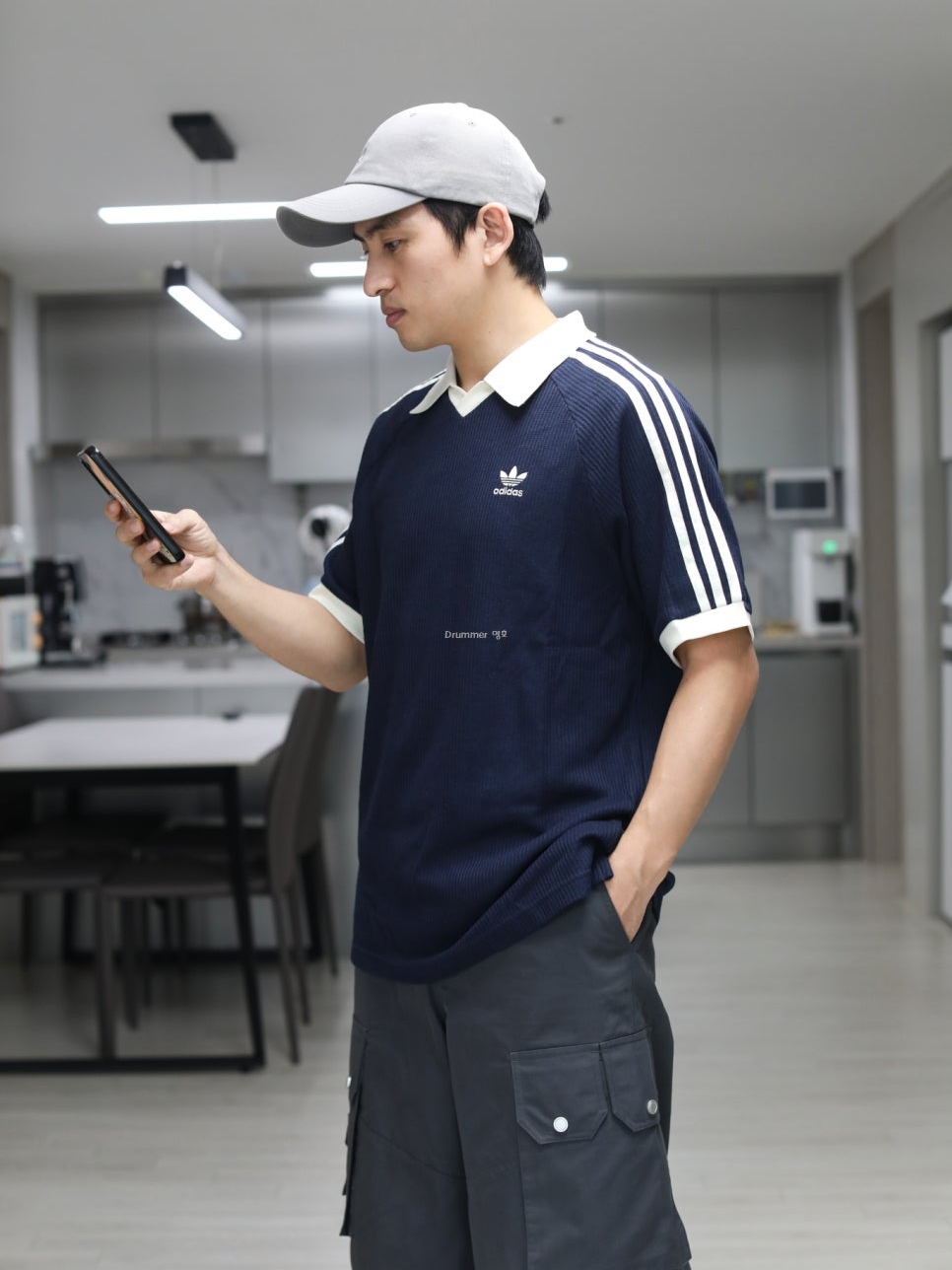 Adidas Waffle Short Sleeve Polo Shirt Navy - KR Sizing 착용 스타일