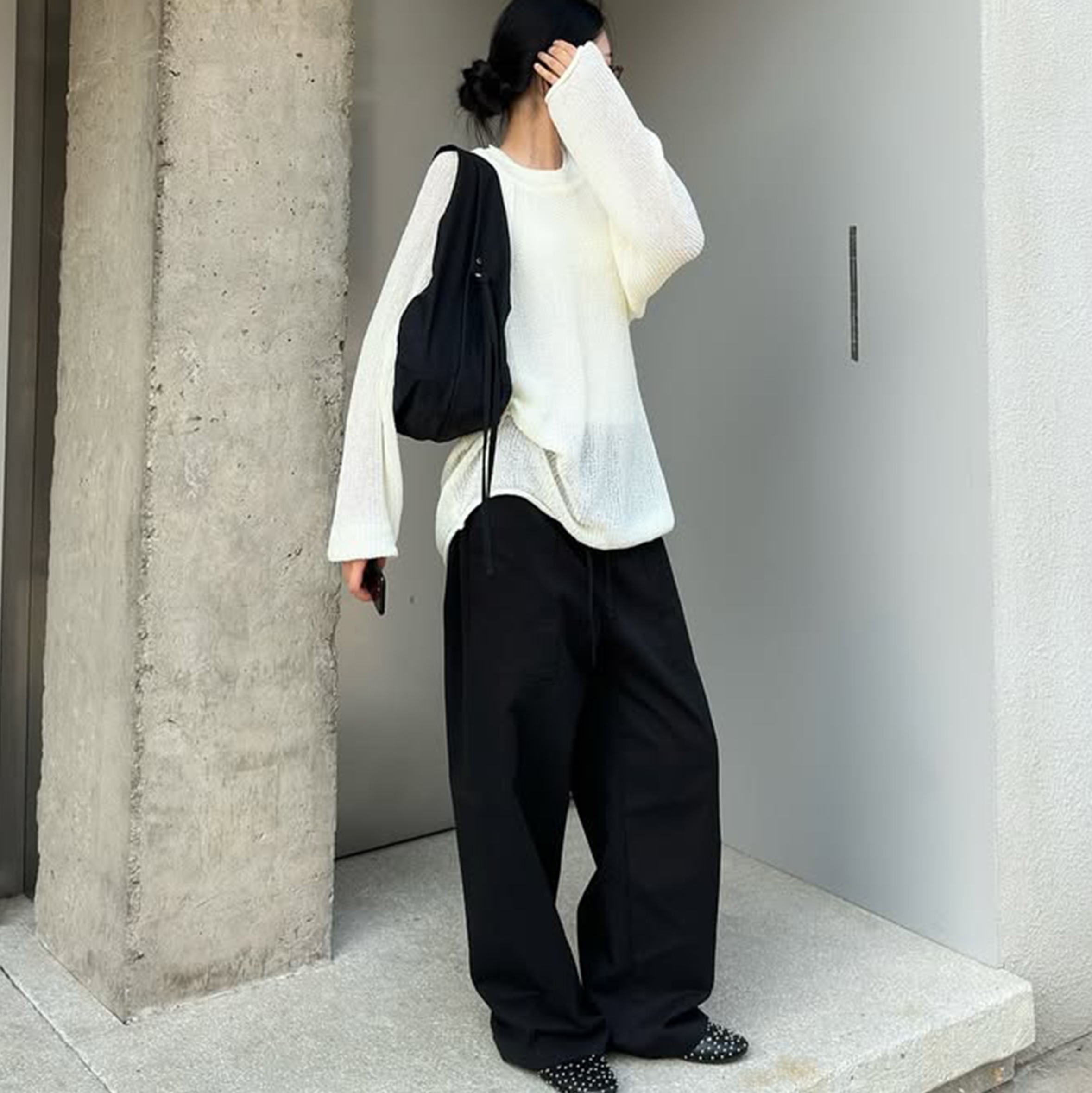 Knitted Summer Reglan Long Sleeve Knit Ivory 착용 스타일