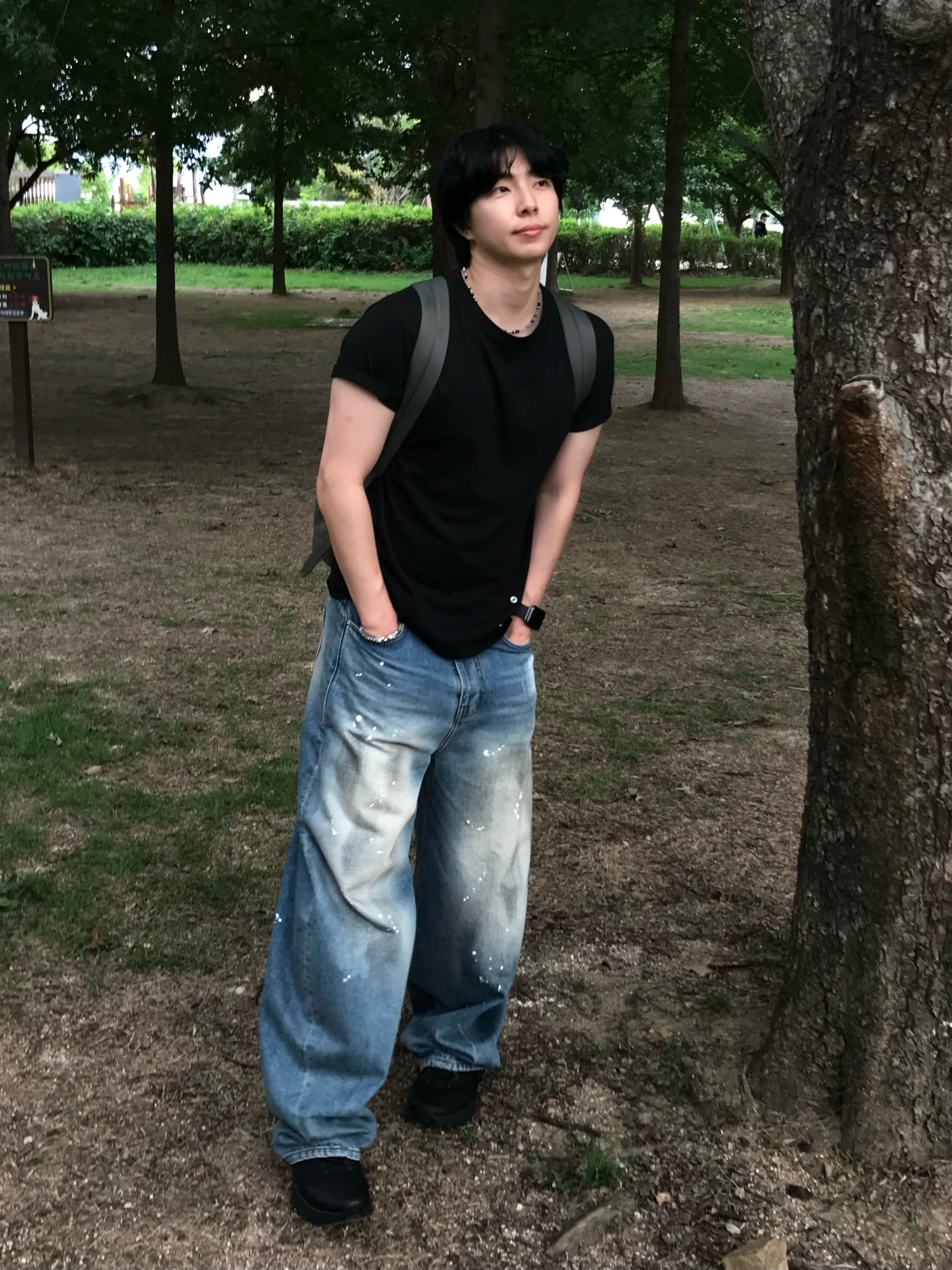noun Wide Curved Denim Pants Painting Blue 착용 스타일 - 1