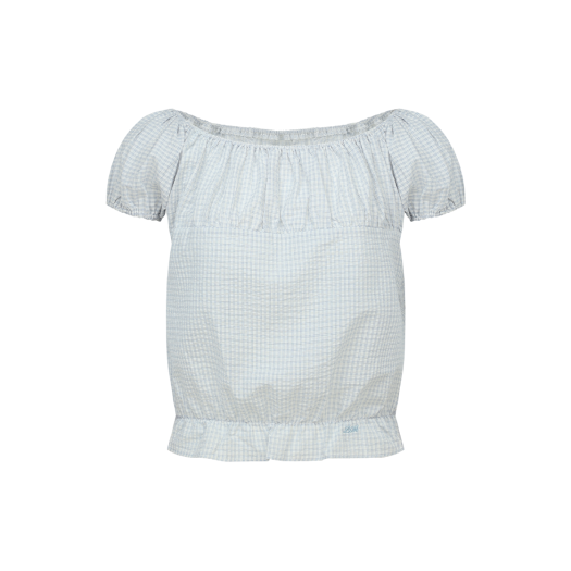 2025BL2140SB Letter From Moon Monte Banding Frill Check Blouse Skyblue
