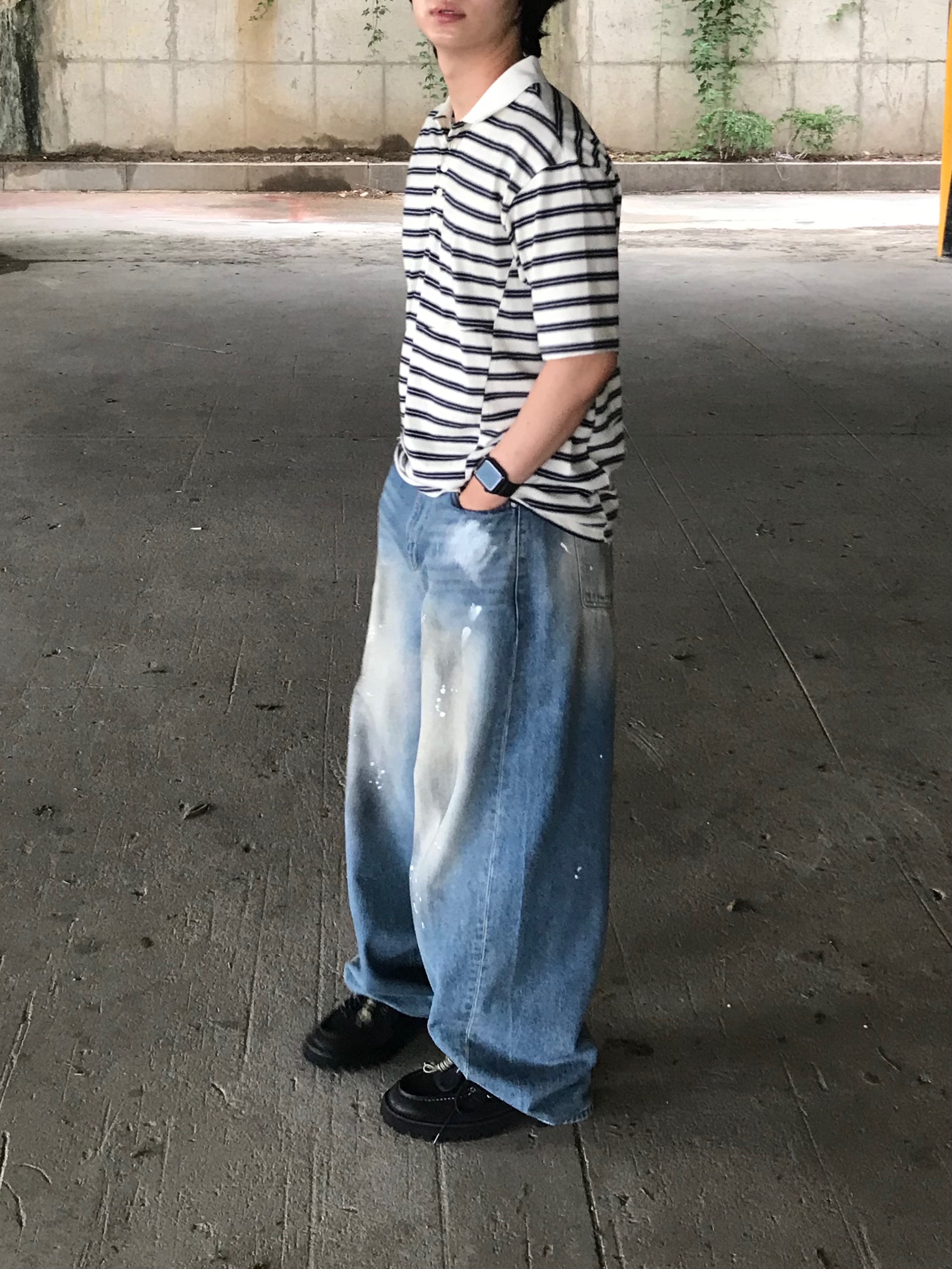noun Wide Curved Denim Pants Painting Blue 착용 스타일 - 1