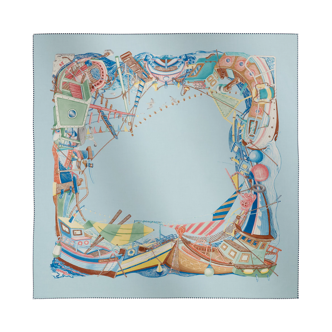 H414210SH02 (W) Hermes Bord A Bord Scarf 80 Bleu Ciel Vert Multicolore
