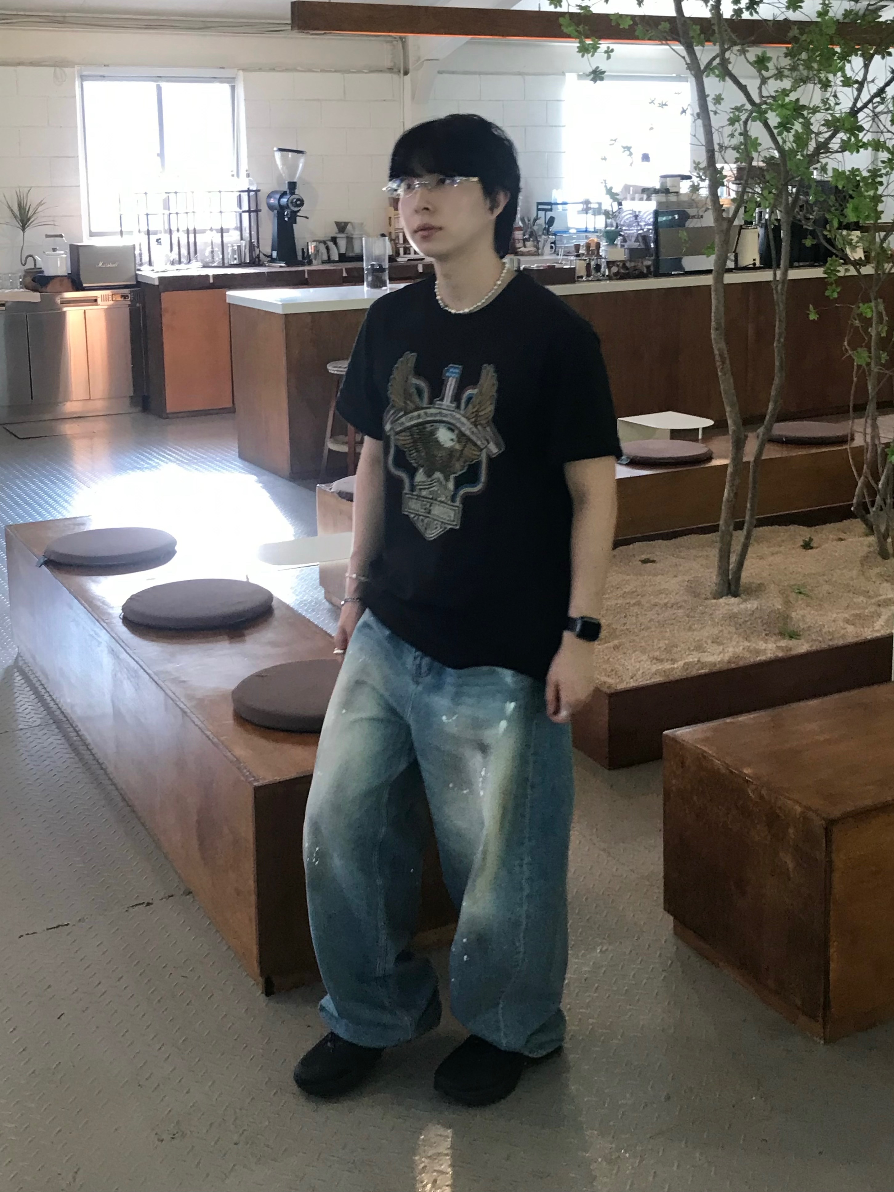noun Wide Curved Denim Pants Painting Blue 착용 스타일 - 2