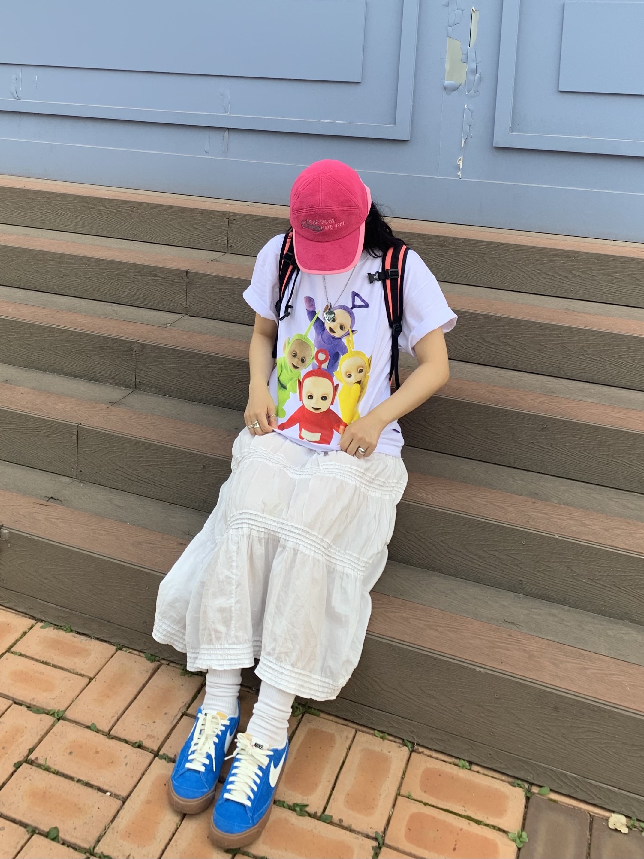 (W) Nike Blazer Low '77 Vintage Photo Blue Sail, Mischief Rhombus Backpack Pink 착용 스타일 - 2