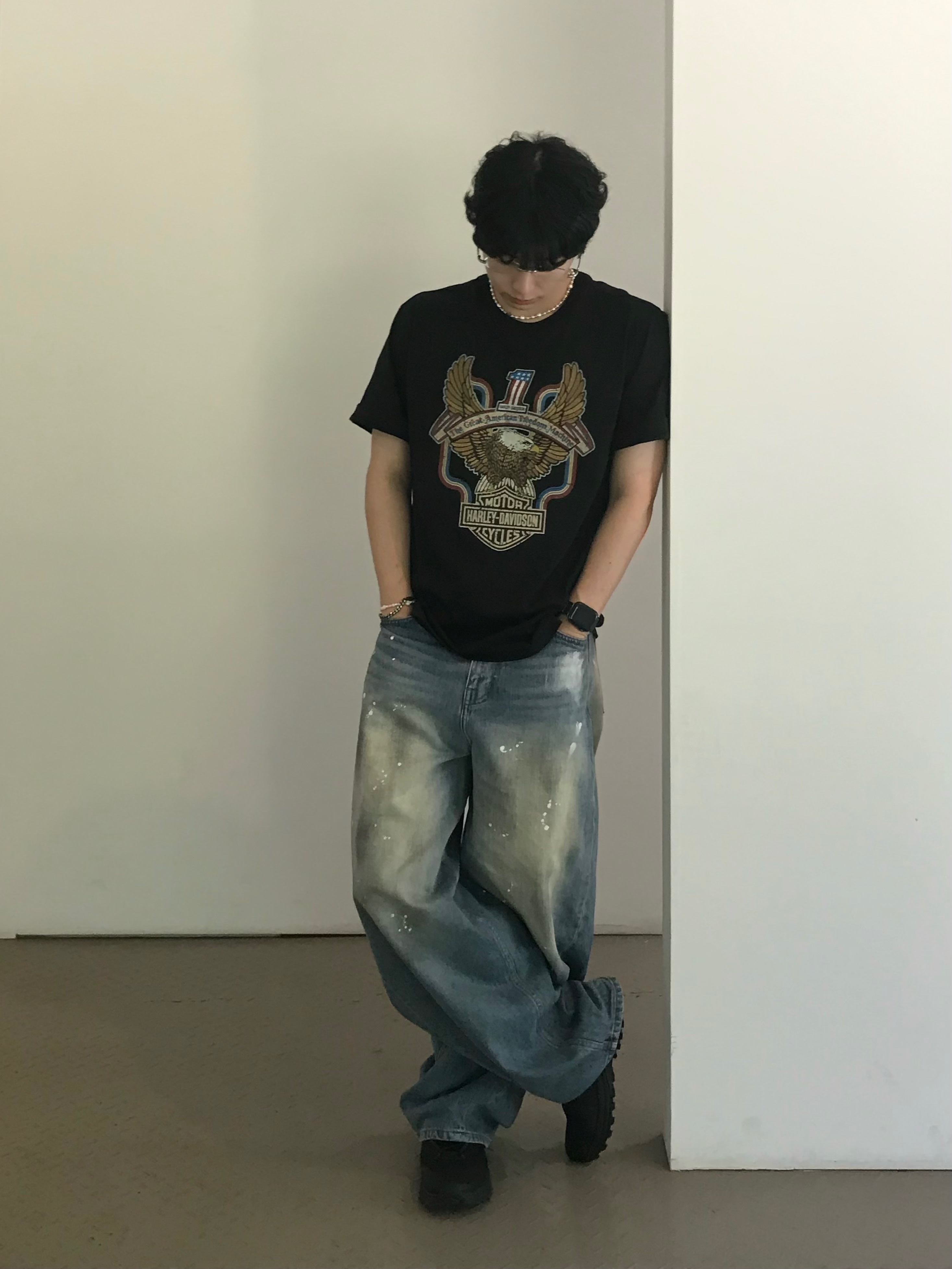 noun Wide Curved Denim Pants Painting Blue 착용 스타일 - 1
