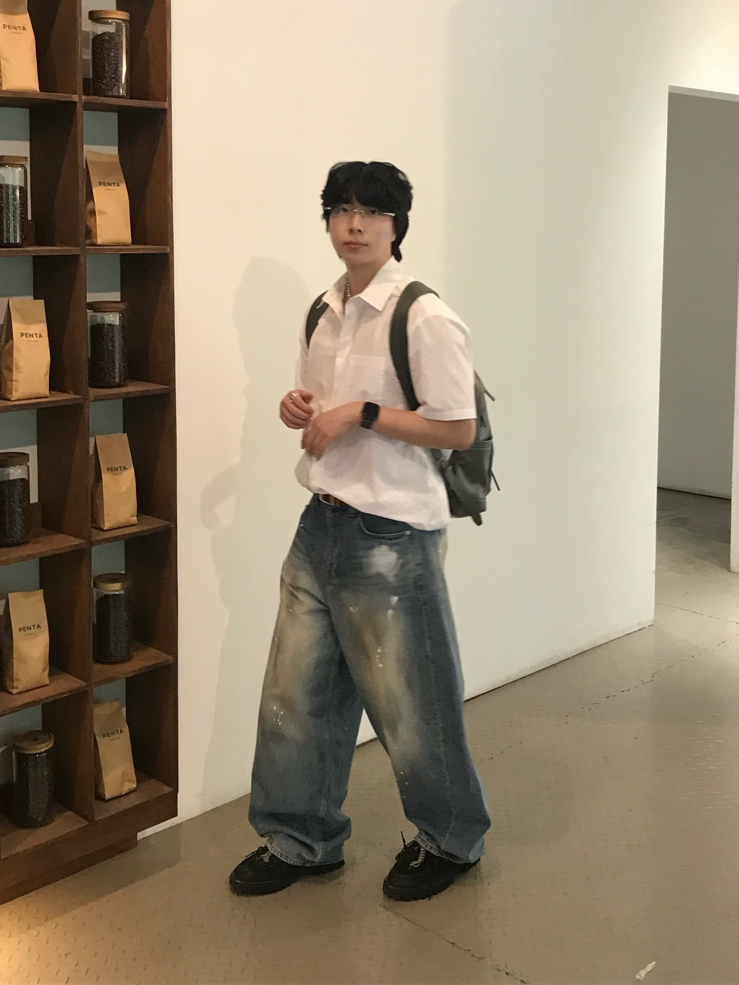 noun Wide Curved Denim Pants Painting Blue 착용 스타일 - 2