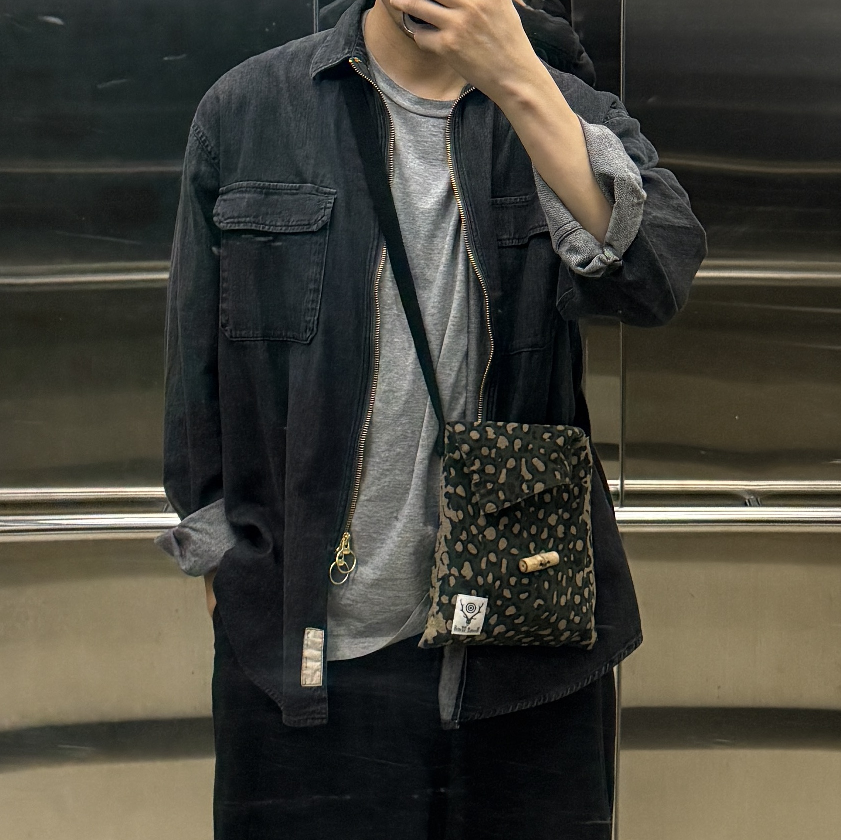 Kapital 8 oz. Black X Kinari Denim Drizzler Work Shirt Black Kinari, Needles H.D. BDU Pants Black 착용 스타일