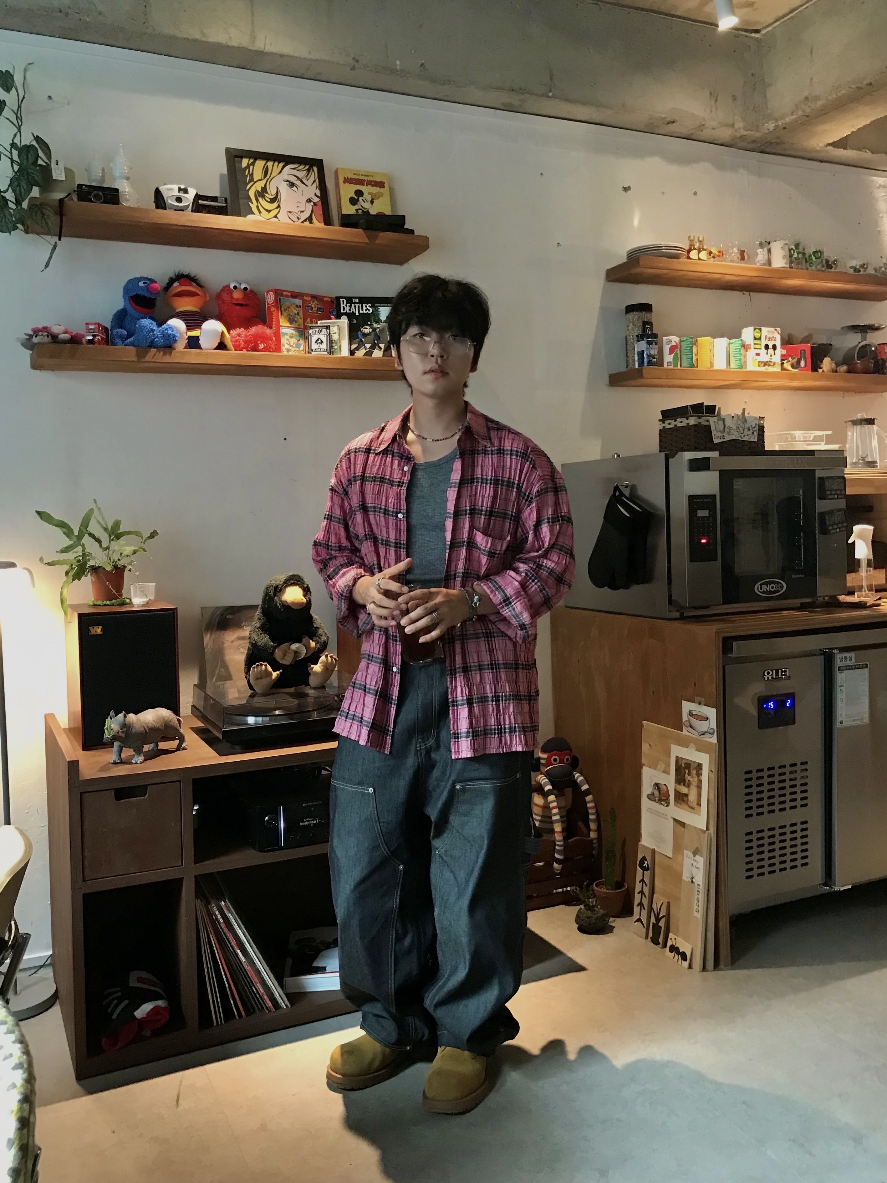 Gentle Monster Atomic 02 Silver, GRAILZ x KOIN SEOUL Carpenter Raw Denim Pants Indigo 착용 스타일 - 3