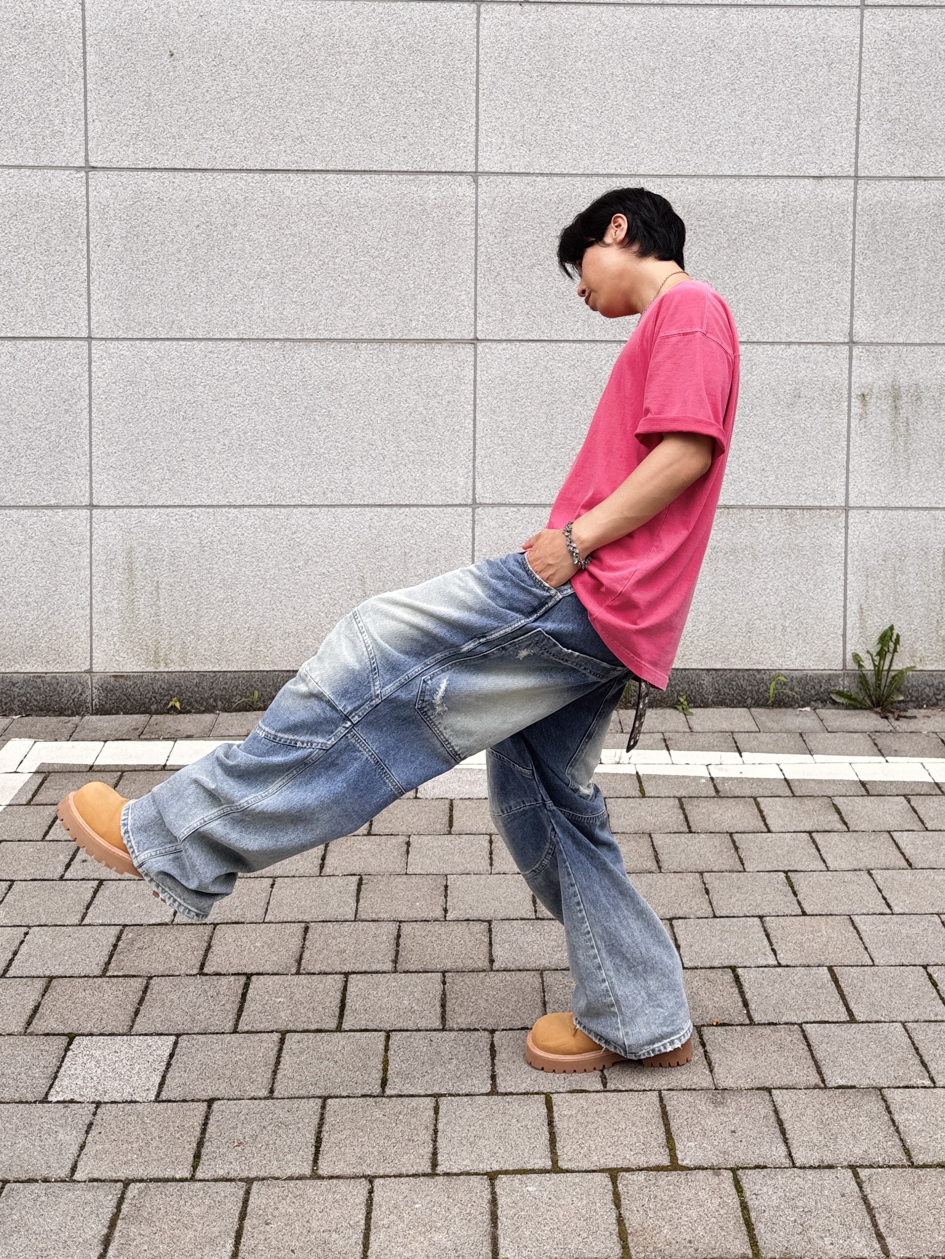 MJD 3D Knee Denim Pants Blue, Kinchi x My Name Is Peter Boots - 888 (a) Yellow 착용 스타일 - 1
