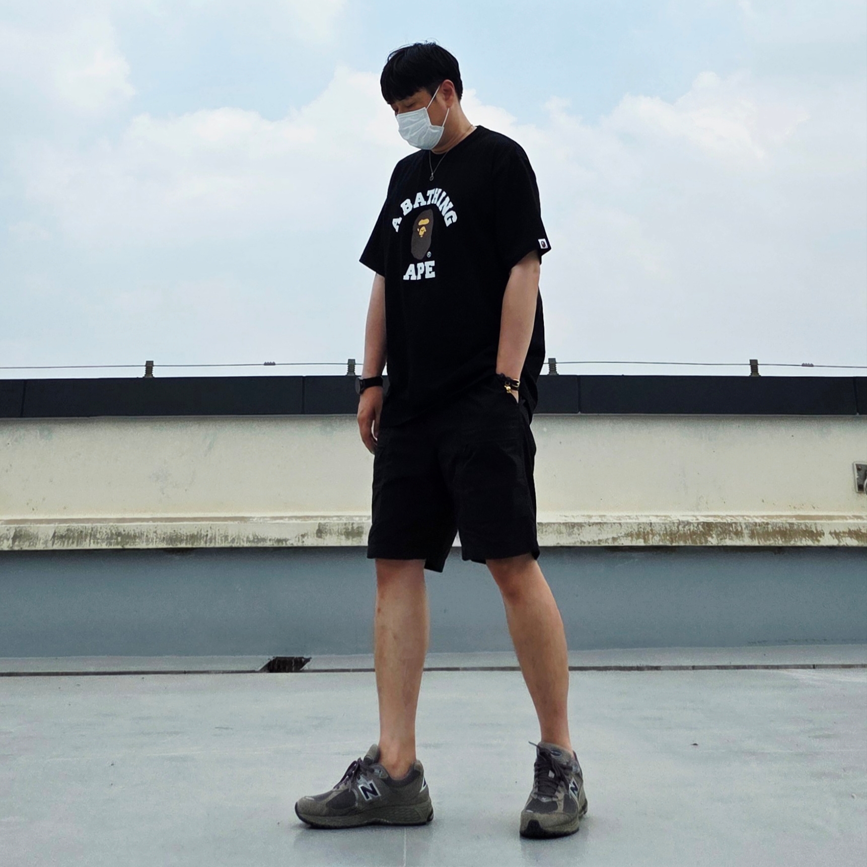BAPE College T-Shirt Black, Haleine Metal Piercing Ring (VA218) 착용 스타일 - 2