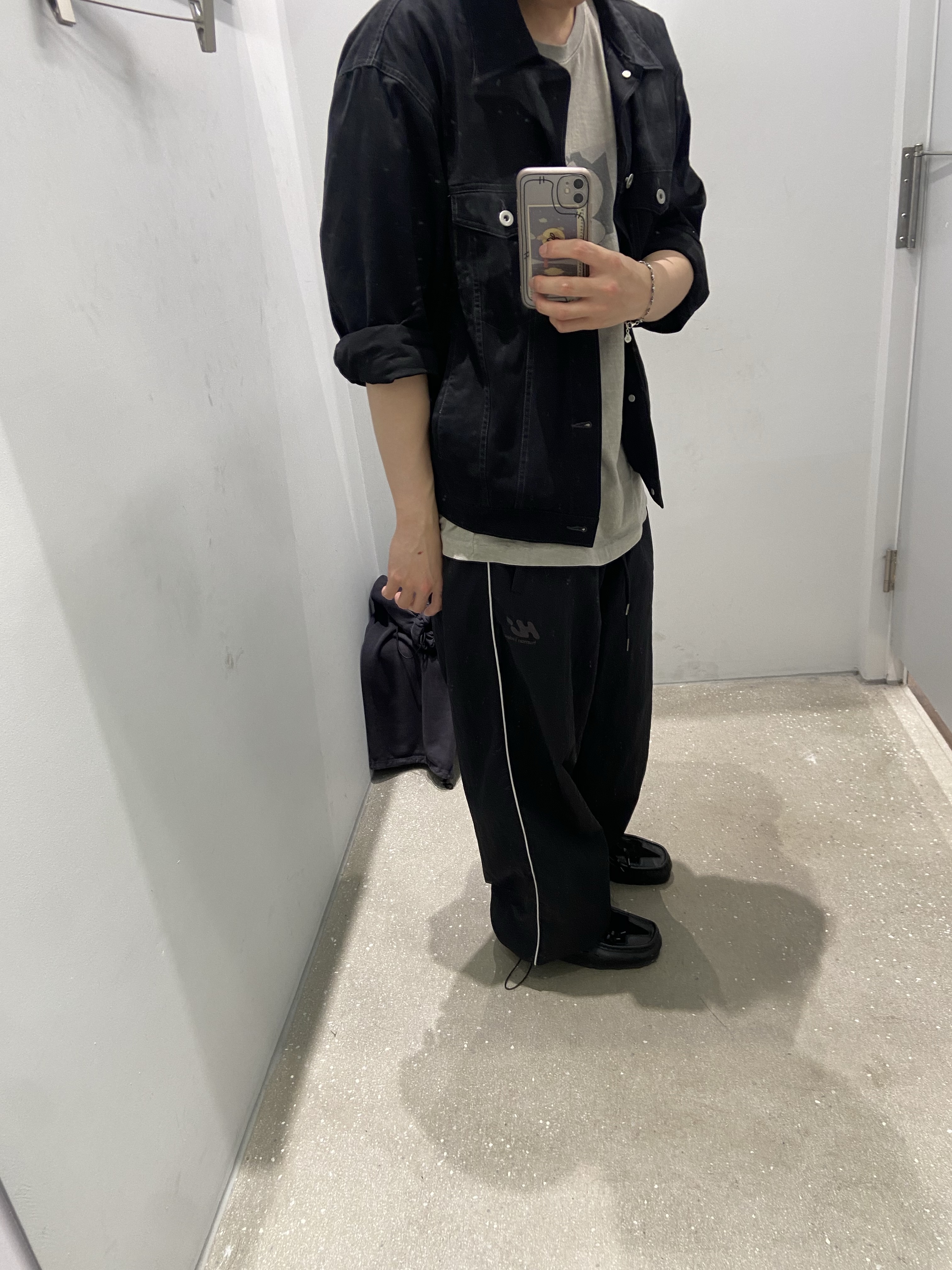 Polyteru Human Index Index Trucker Jacket Black, Polyteru Human Index Index Track Pants Dark Navy/White 착용 스타일 - 1