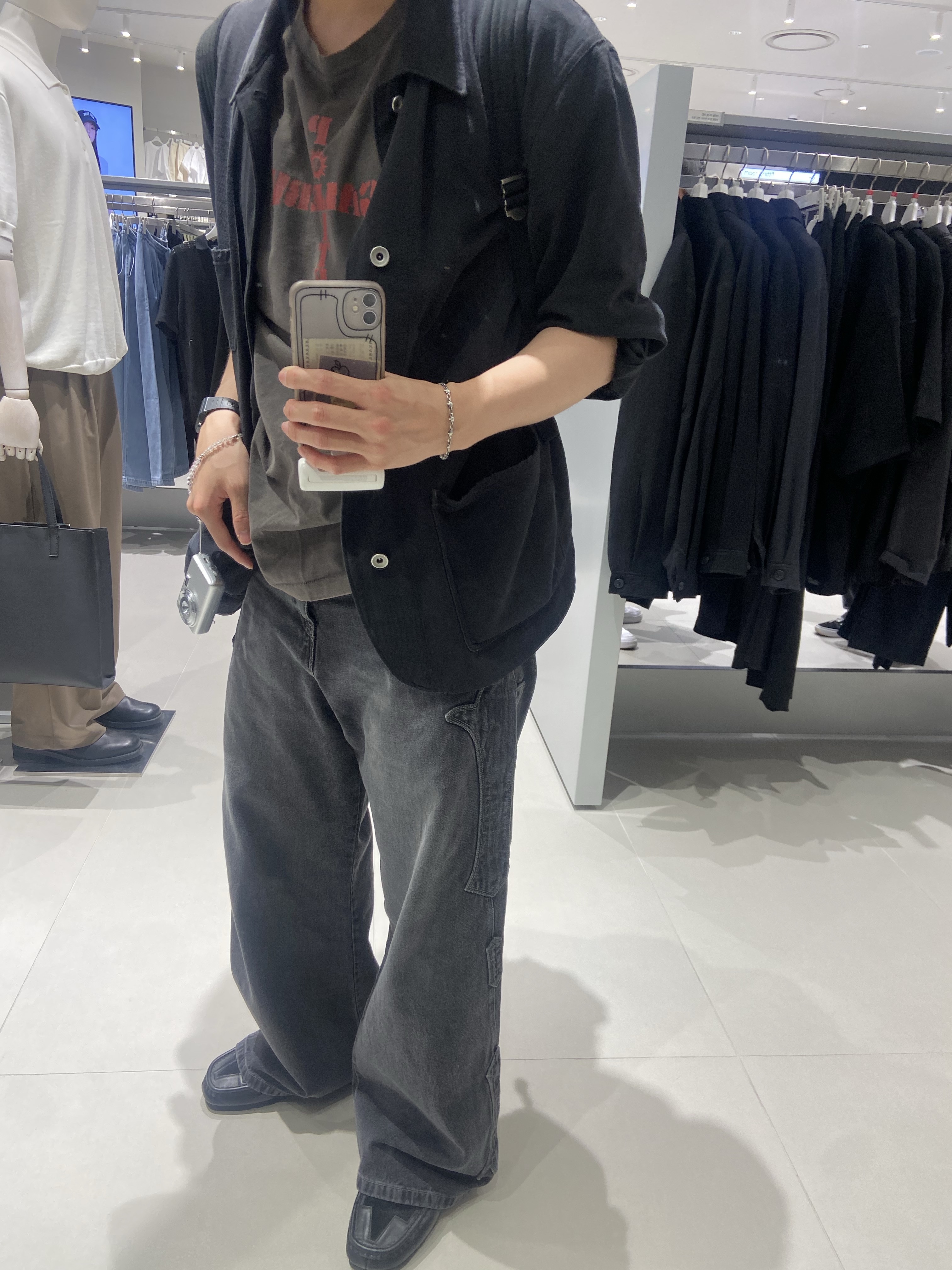Polyteru 1011 Fleur Patched Pants Washed Gray Denim, Polyteru Chore Jacket (Coverall Jacket) 23 ver. Black 착용 스타일