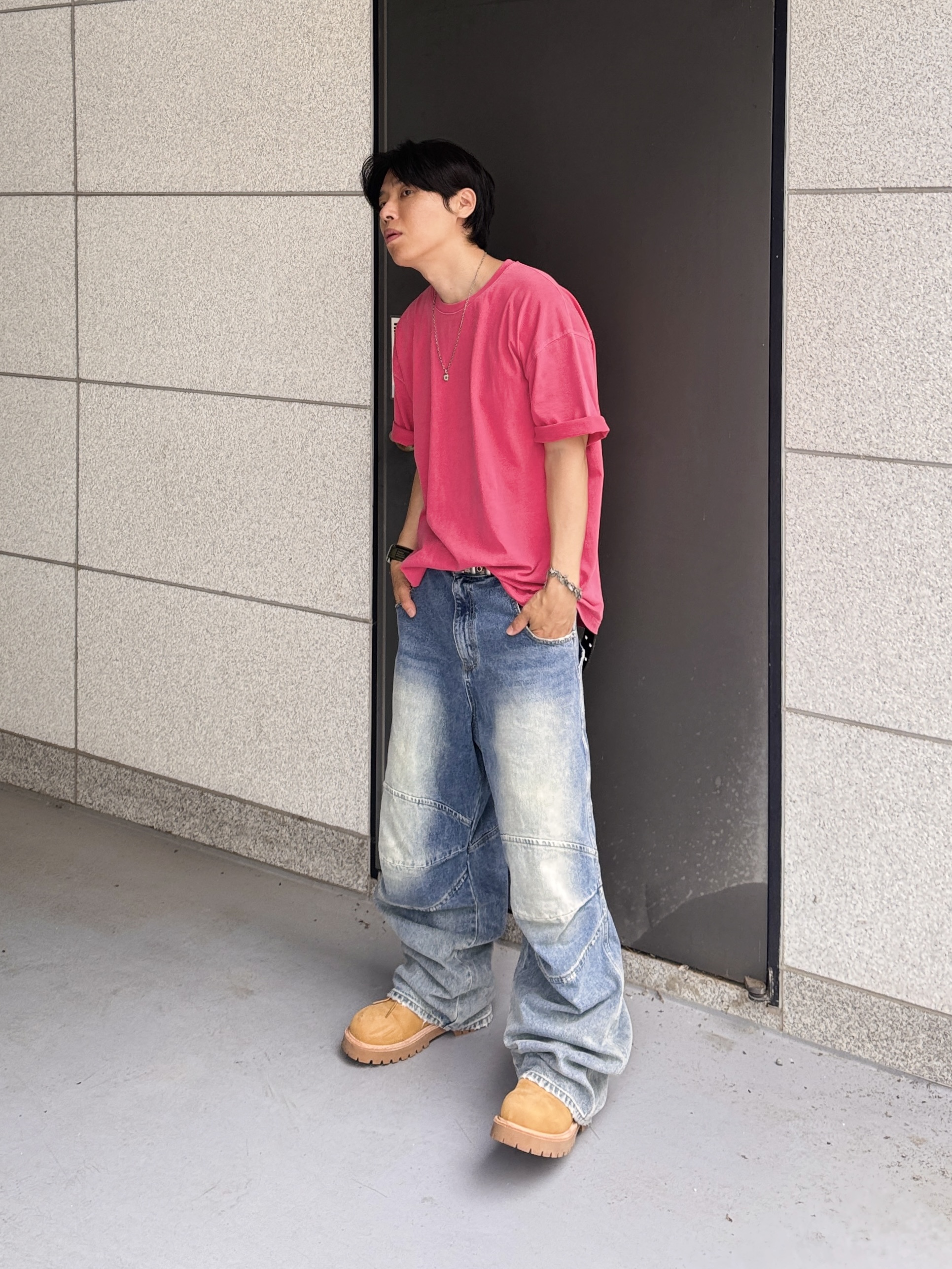 MJD 3D Knee Denim Pants Blue, Kinchi x My Name Is Peter Boots - 888 (a) Yellow 착용 스타일 - 3