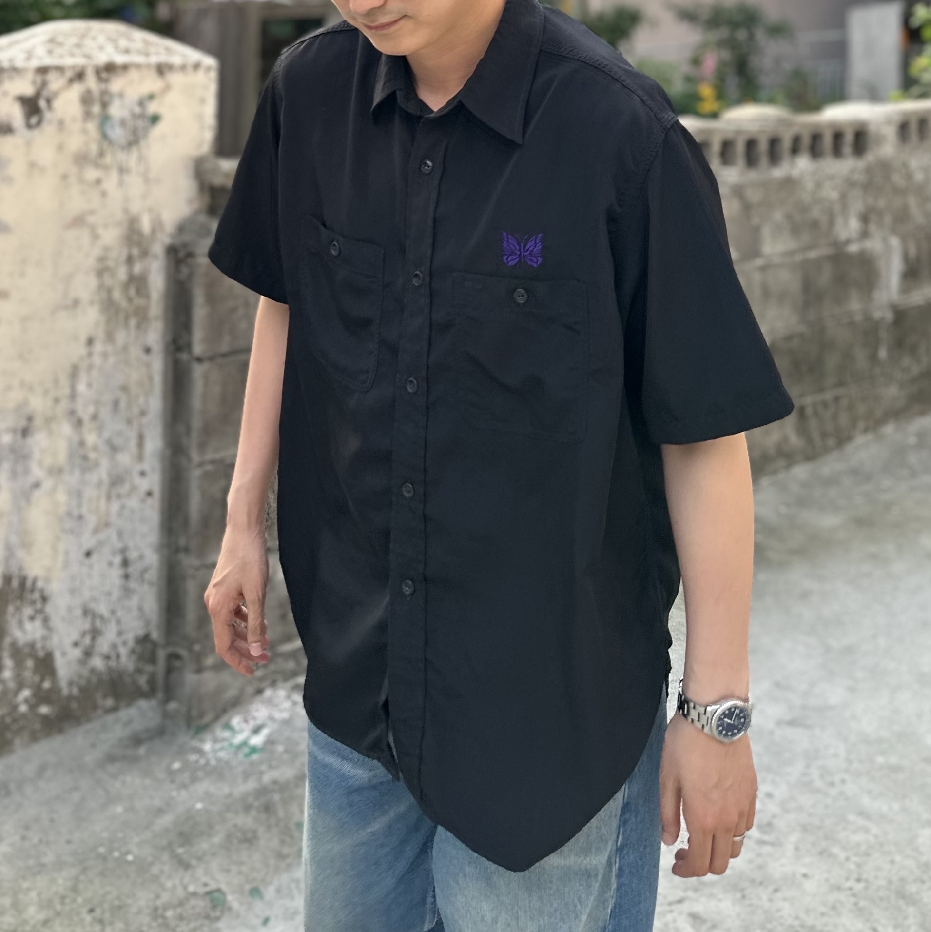 Needles S/S Poly Pique Polo Shirt Black, Needles S/S Cowboy One-Up Shirt TA/CU/PE Georgette Black 착용 스타일 - 2